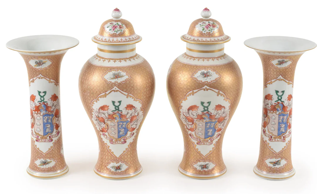 4 Part Samson garniture including a pair of covered urns and a pair