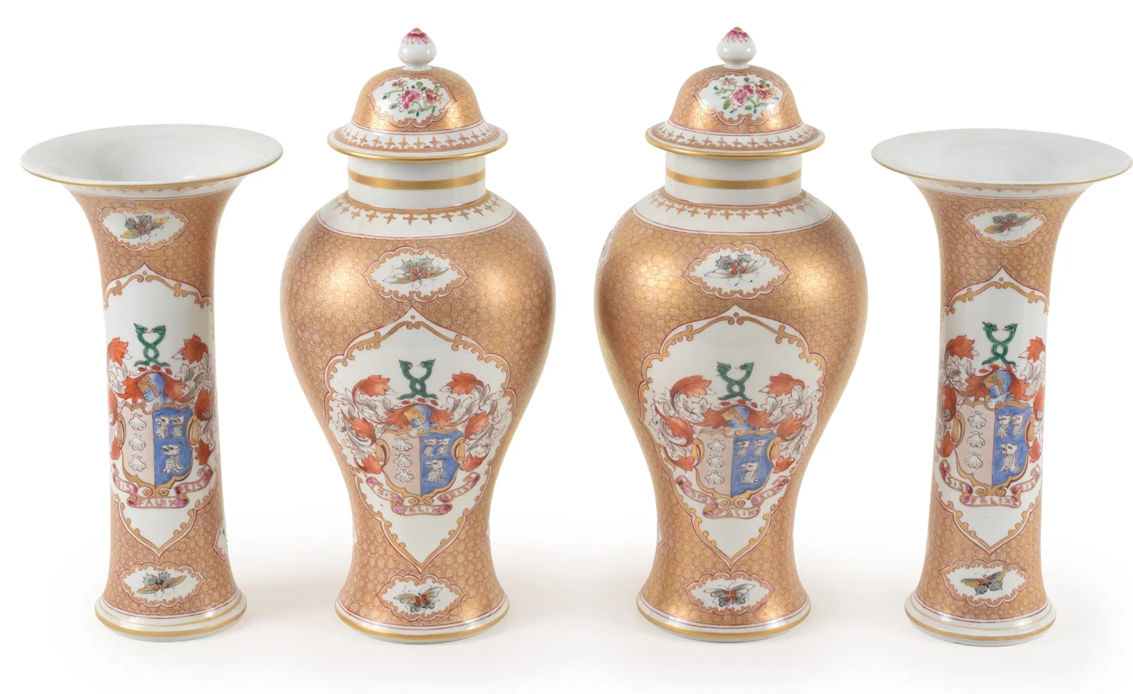 4 Part Samson garniture including a pair of covered urns and a pair