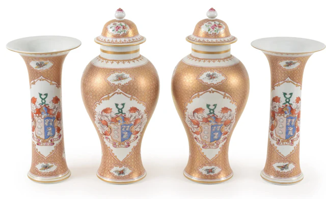 4 Part Samson garniture including a pair of covered urns and a pair