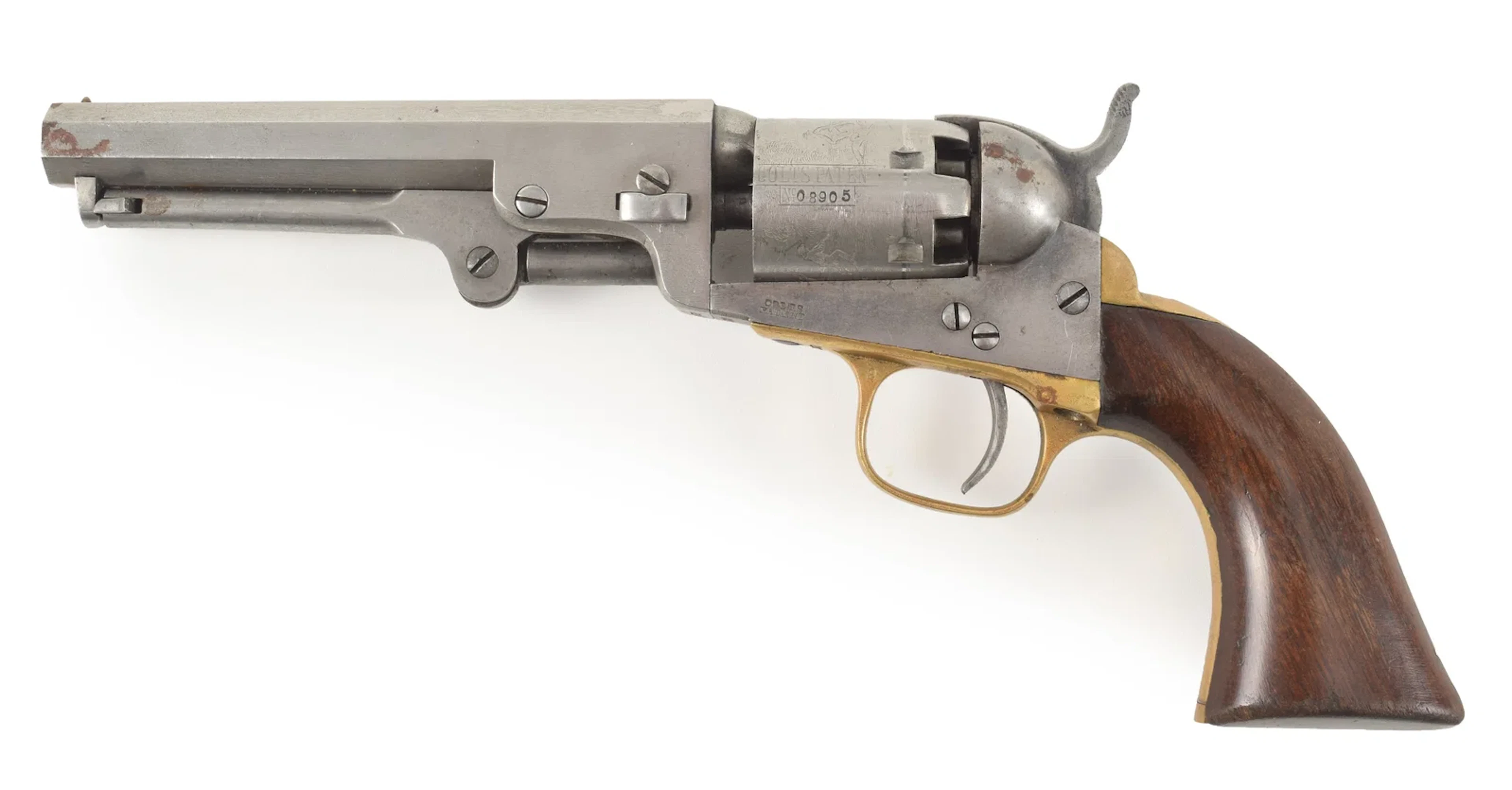 Colt model 1849 pocket revolver with 5" barrel, .31 caliber. Manufactured