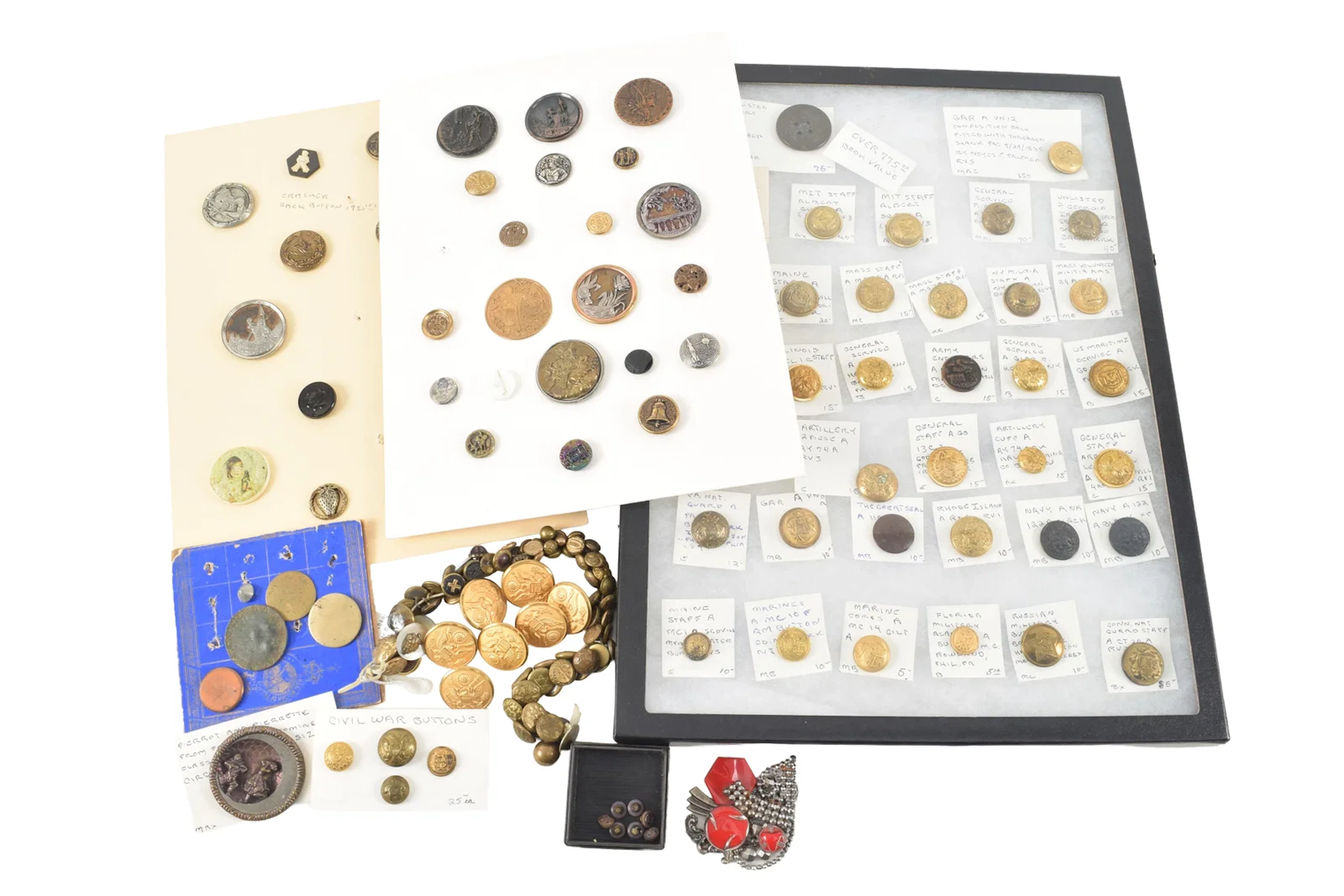 Collection of antique and vintage buttons, including military.