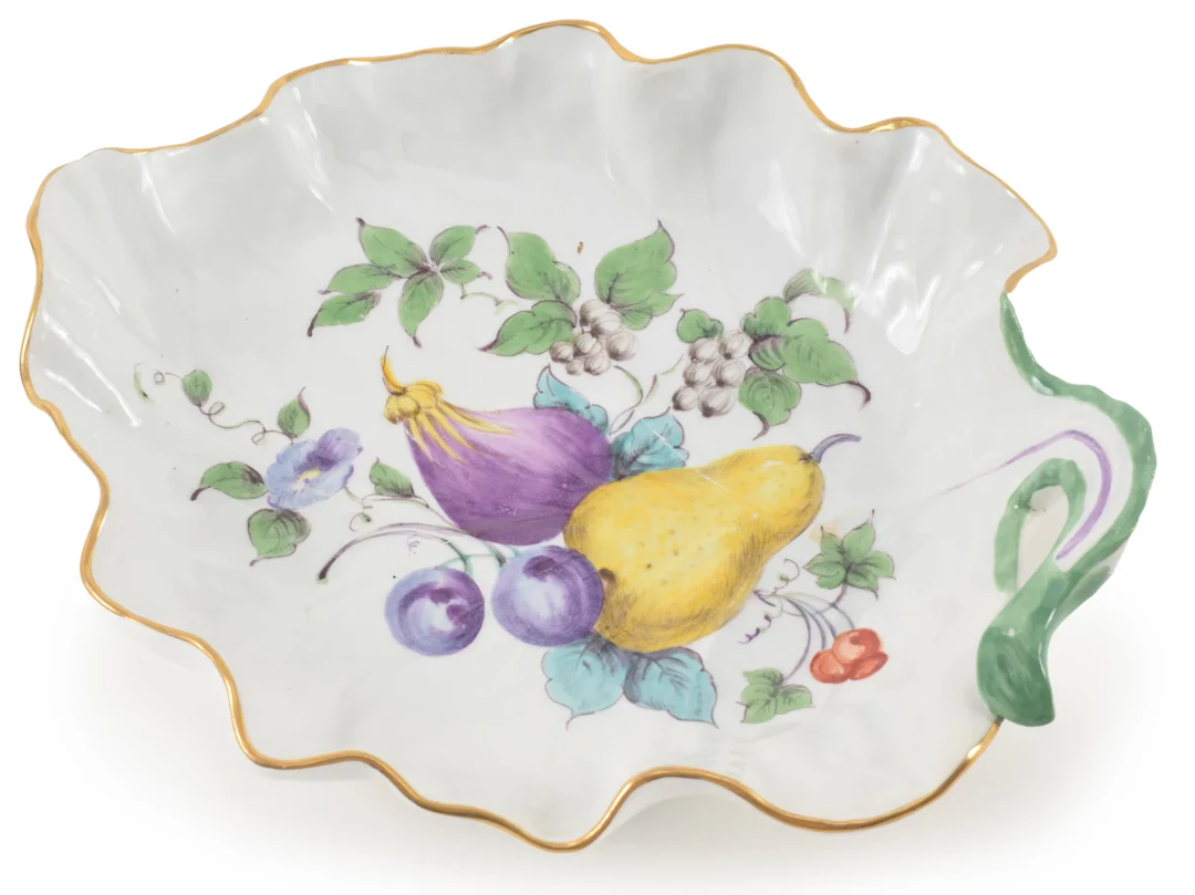 19th century porcelain leaf form dish, possibly Italian. Hand painted