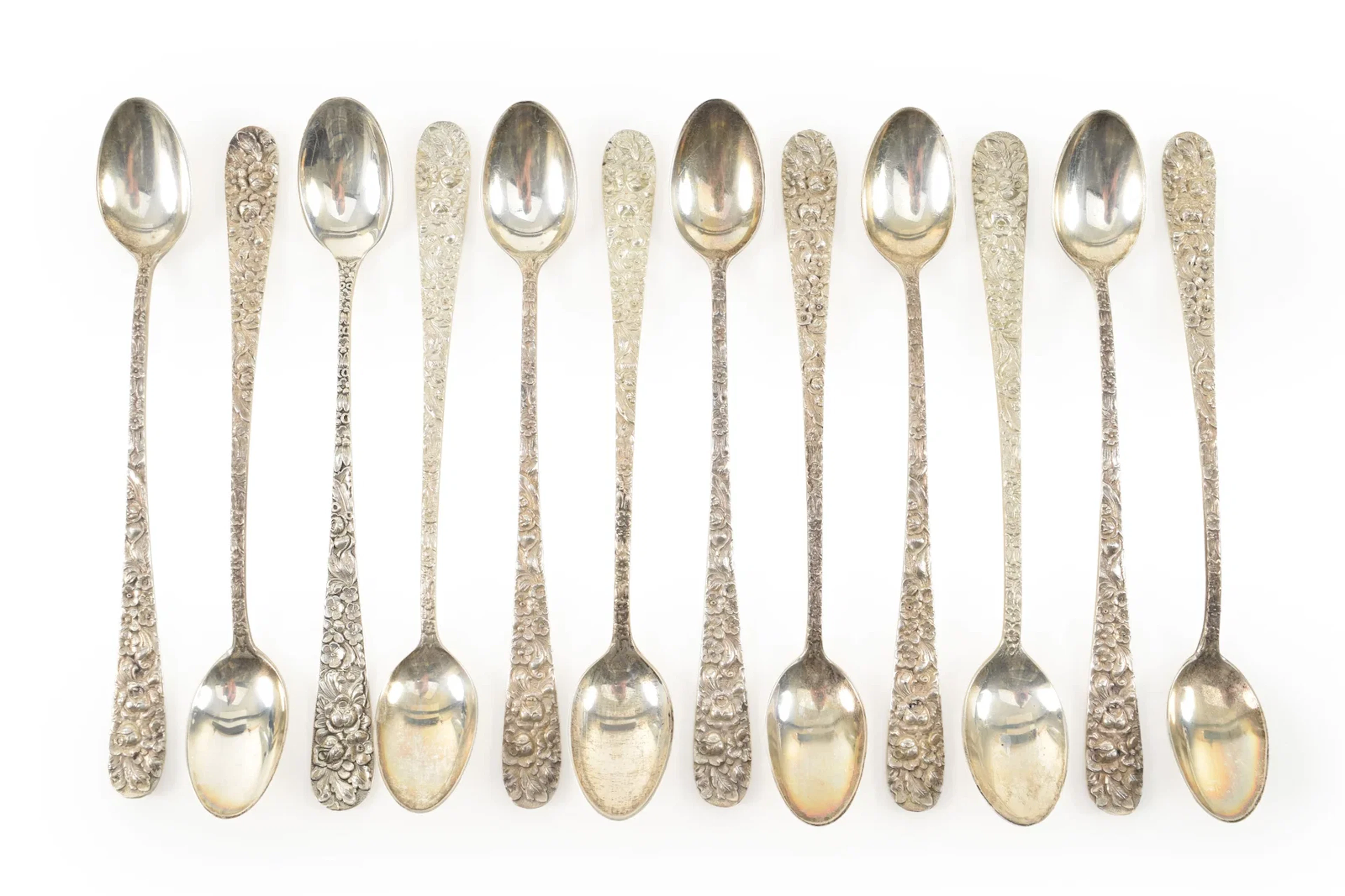 12 Sterling Silver Stieff iced beverage spoons with floral repousse