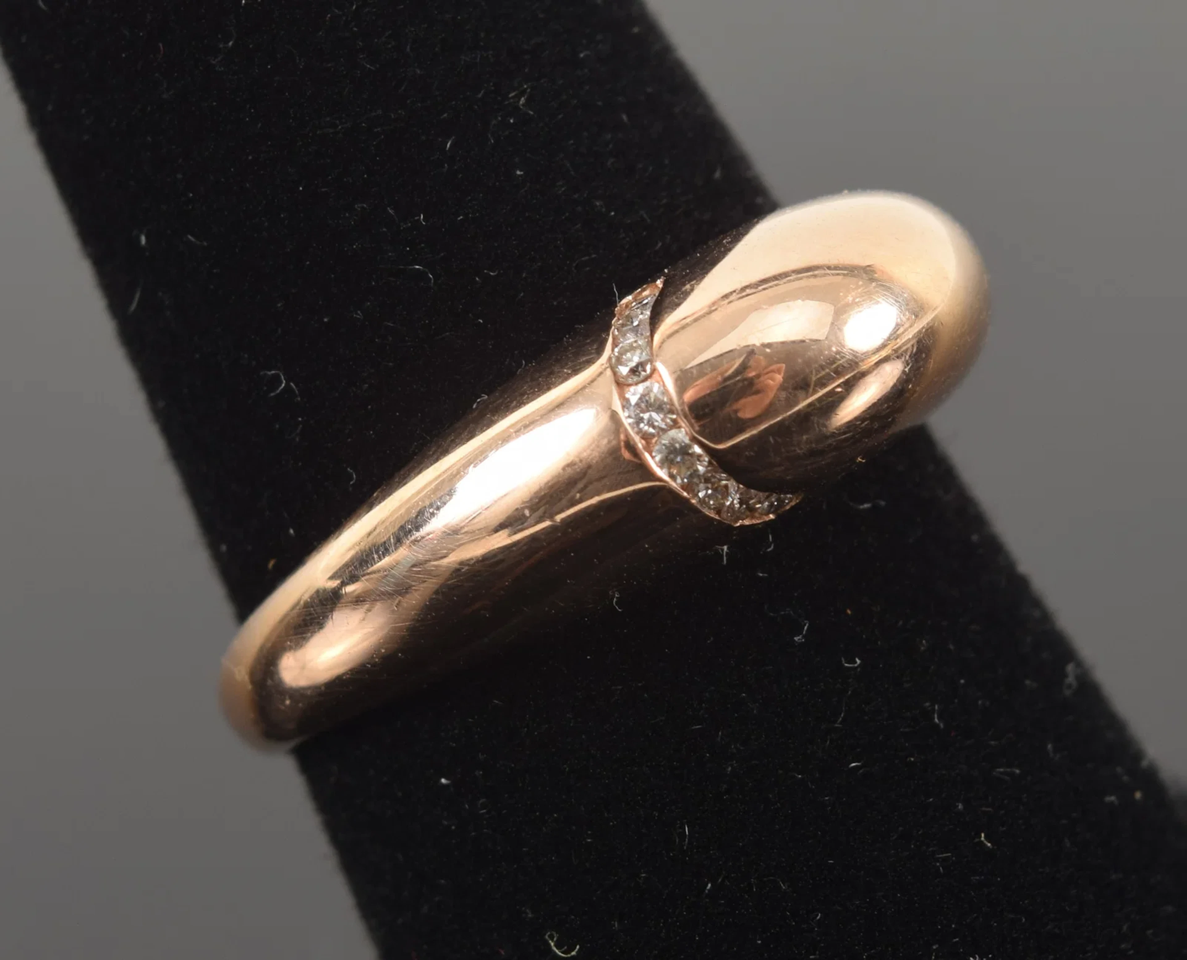 Vintage 14K rose gold diamond ring. Modernist design with domed setting