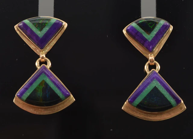 14K gold intarsia opal earrings. Triangular opal stones inlaid with