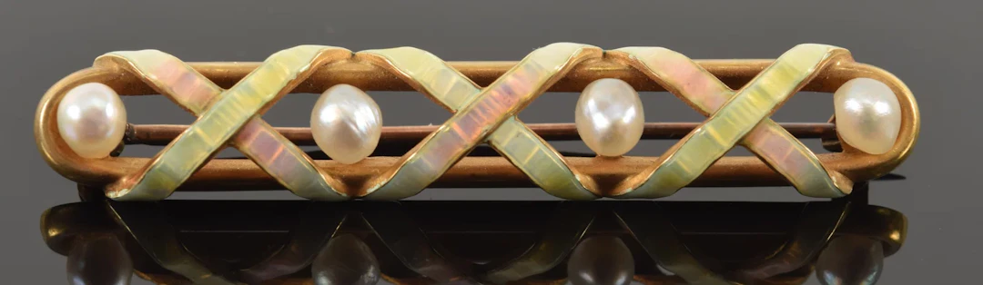 Antique 14K gold enamel decorated bar pin set with pearls. Clasp marked