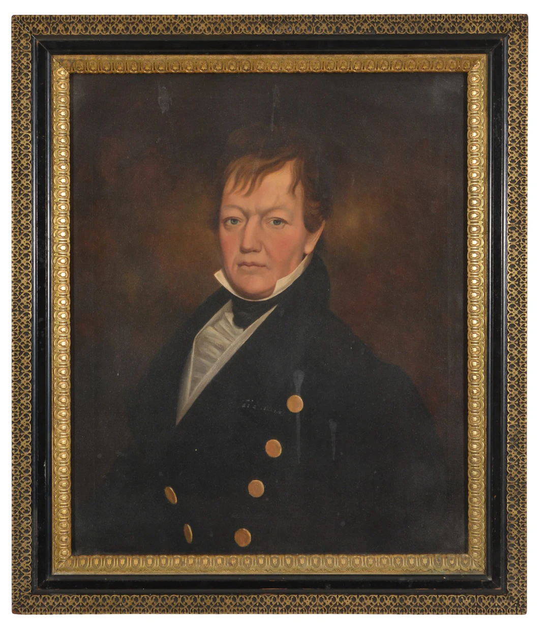 19th century American portrait of an officer in blue coat. Oil on