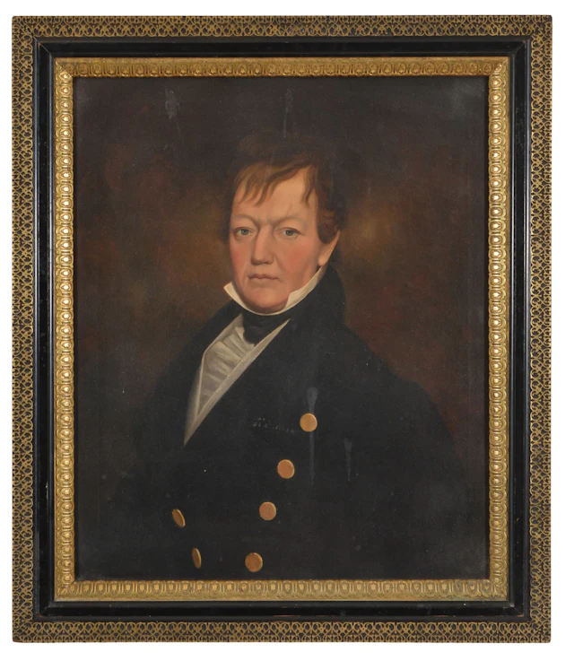 19th century American portrait of an officer in blue coat. Oil on