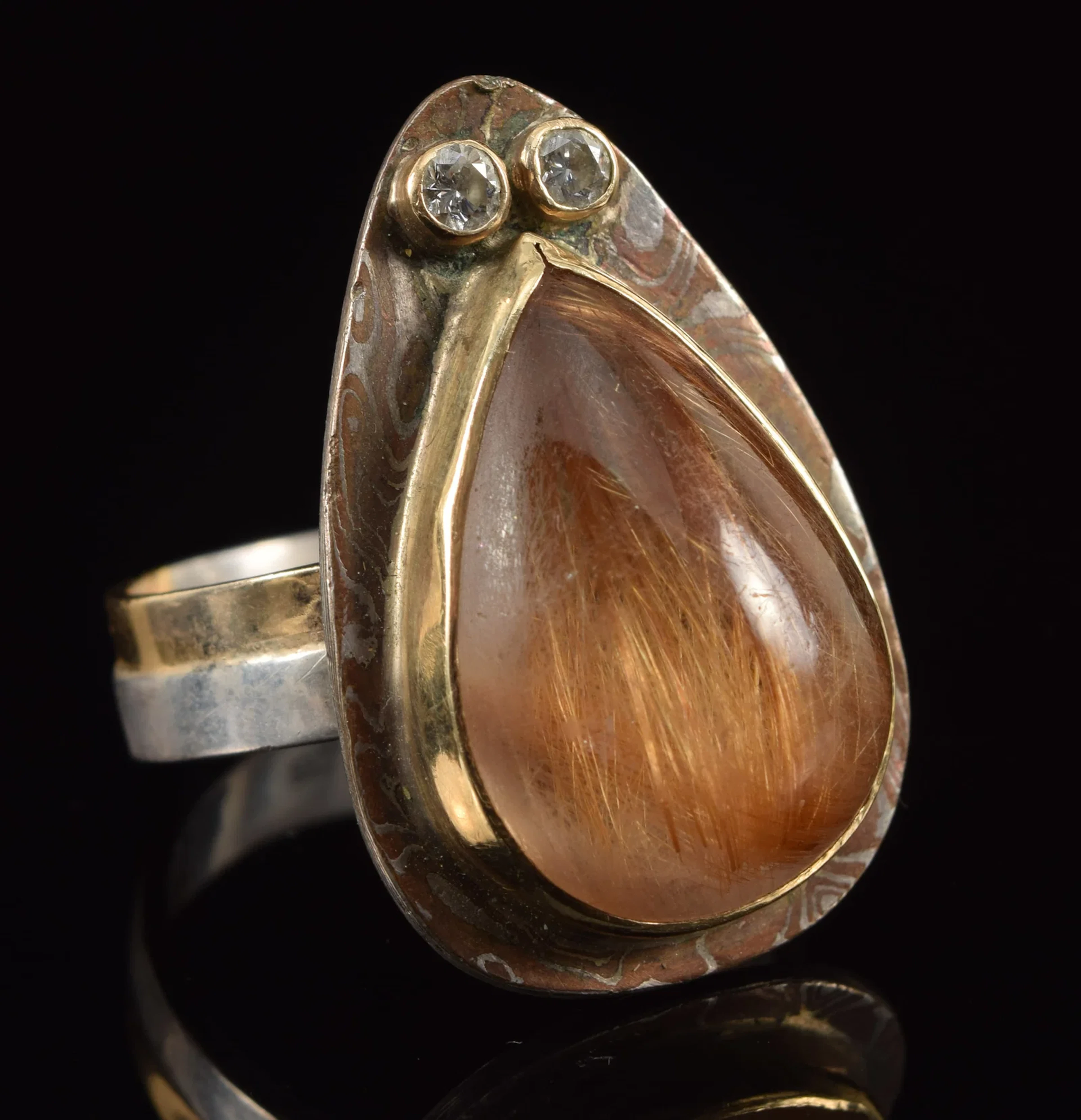 14K gold and silver rutilated quartz mokume gane ring. Large pear