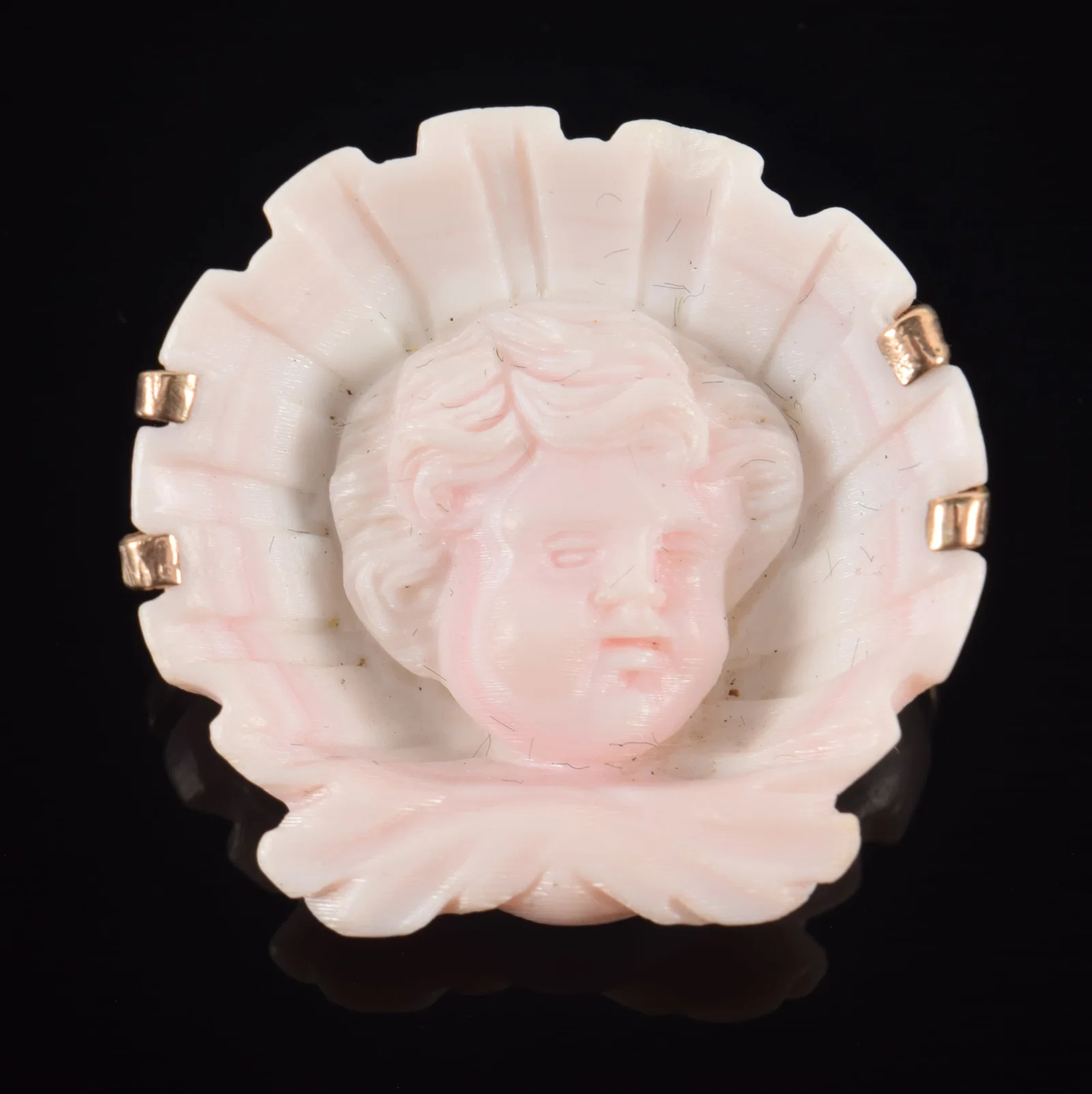 Vintage 10K gold carved coral pin. Light pink and white carved coral