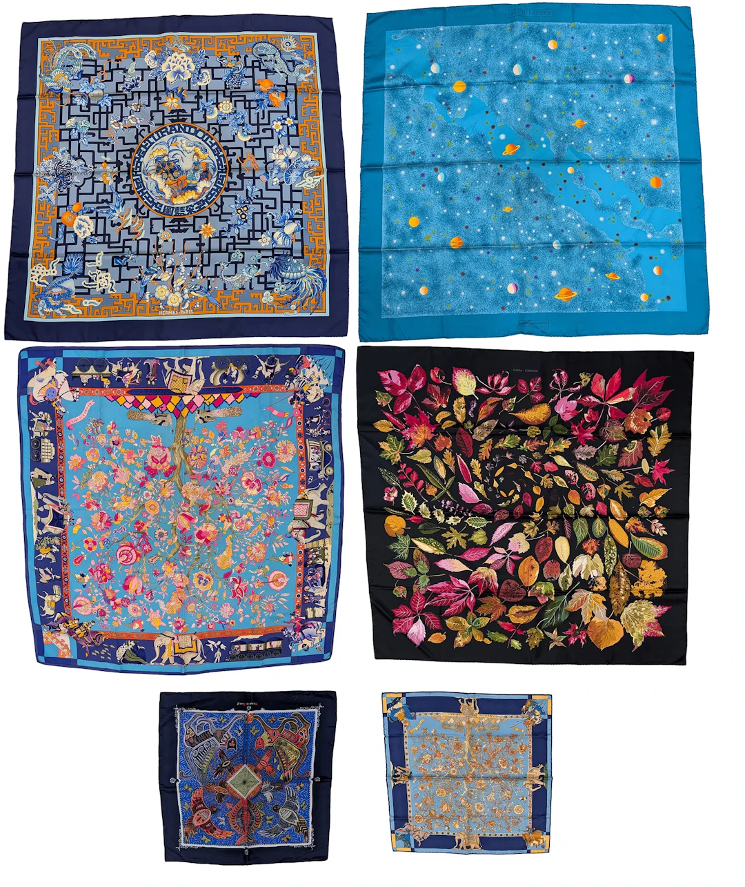 6 Hermes silk scarves. Chinese motif, Fantaisies Indiennes, La Voie