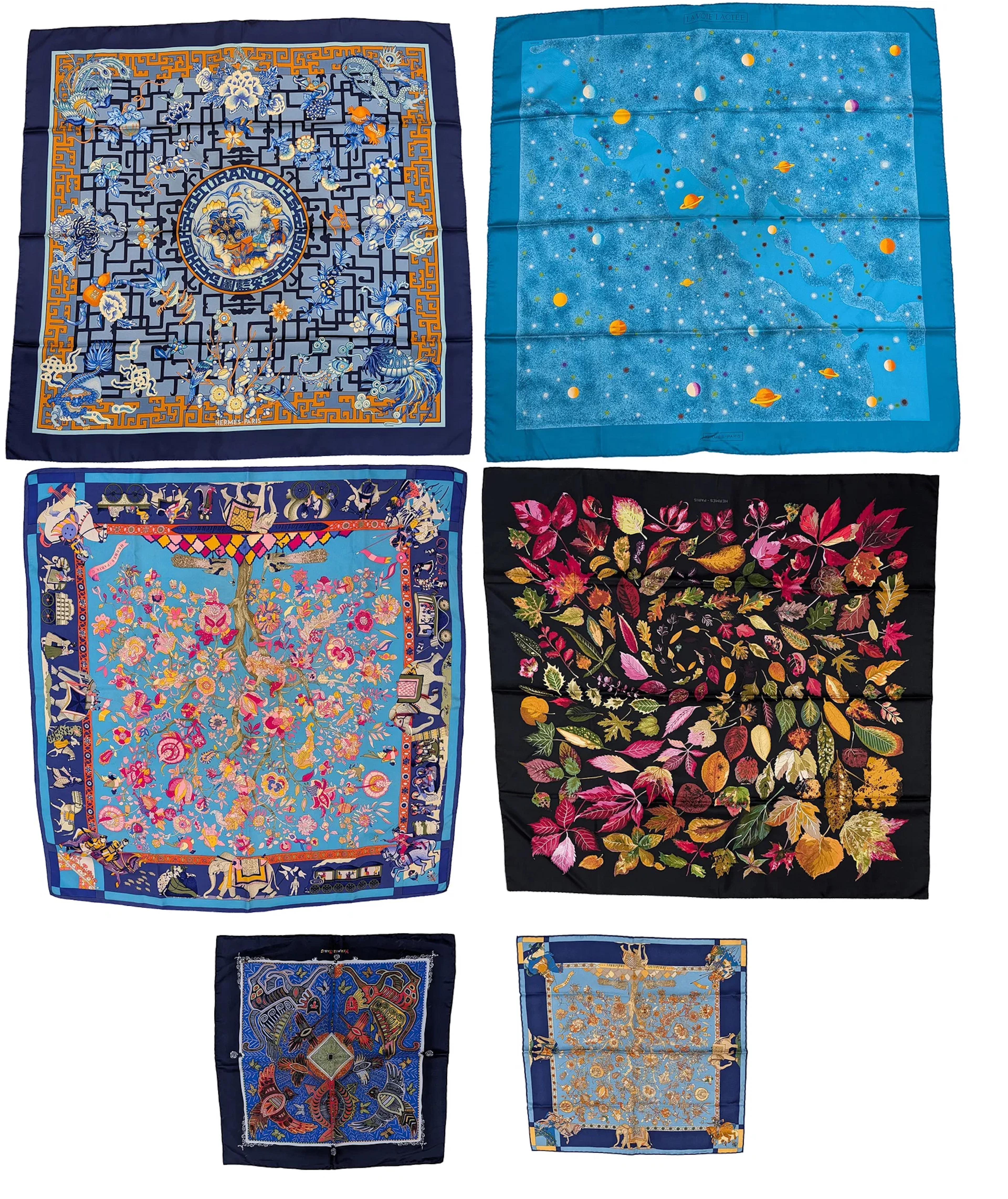 6 Hermes silk scarves. Chinese motif, Fantaisies Indiennes, La Voie