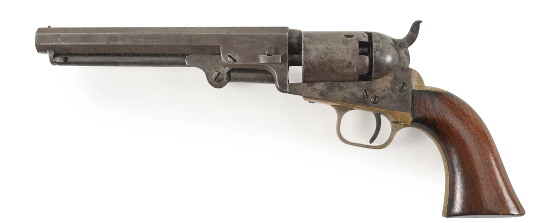 Colt model 1849 pocket revolver with 6" barrel, .31 caliber. Manufactured