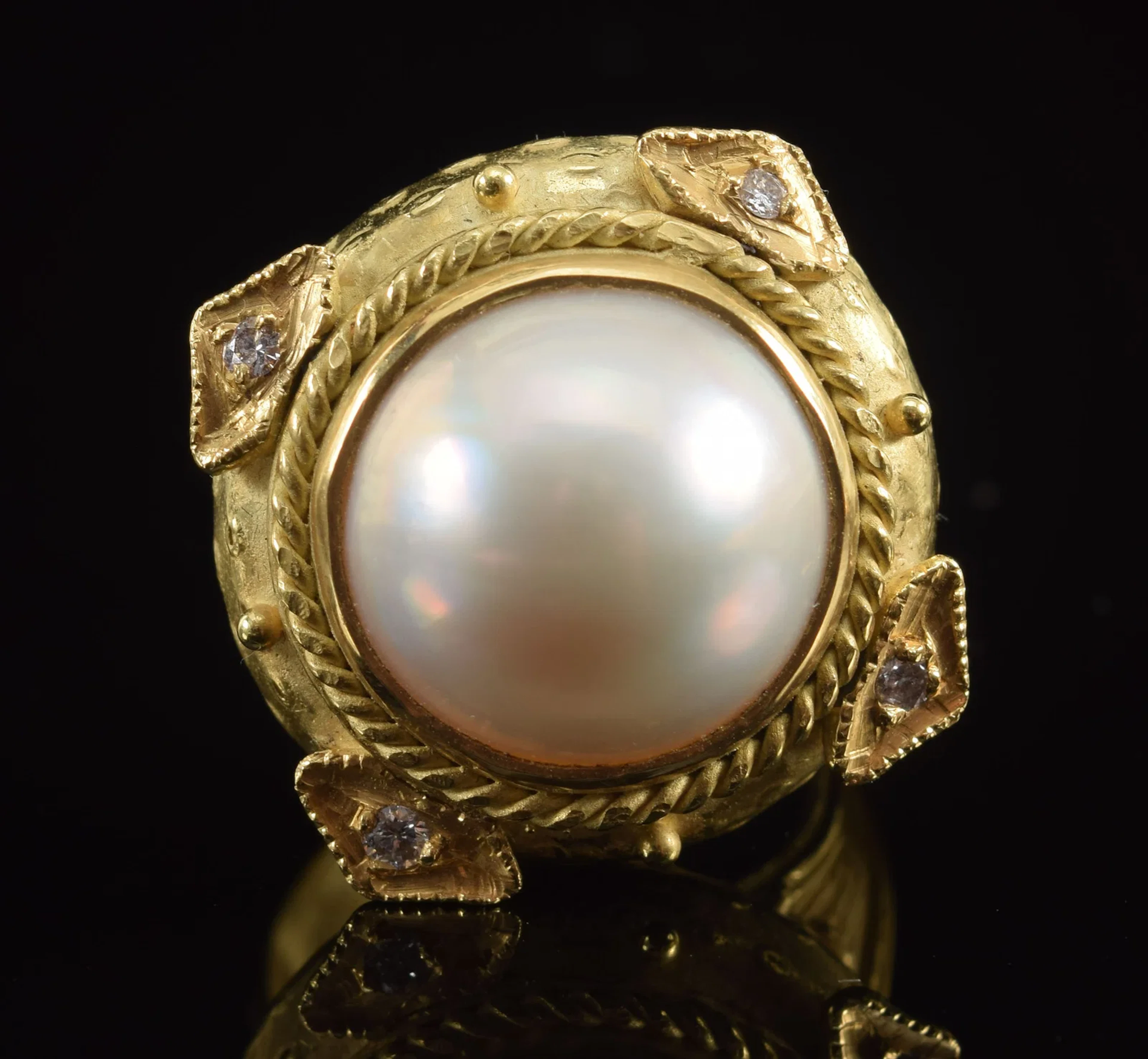 18K gold mabe pearl and diamond ring. Renaissance Revival style setting
