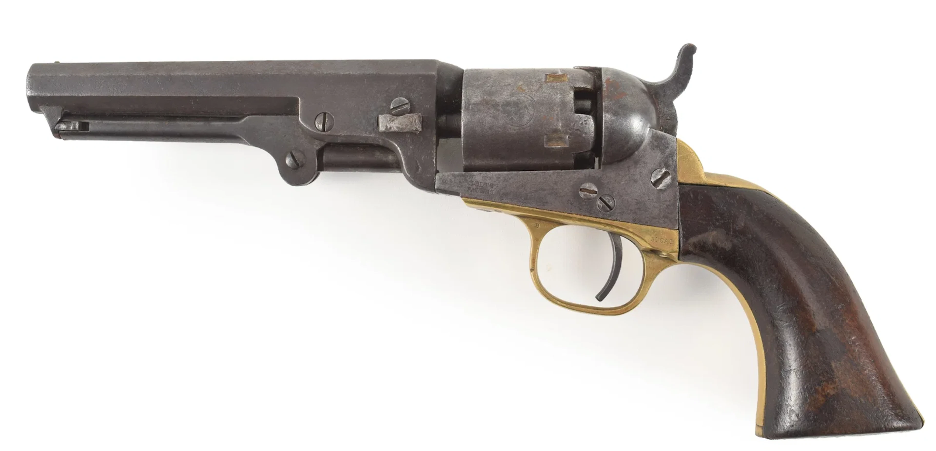 Colt model 1849 pocket revolver with 5" barrel, .31 caliber. Manufactured