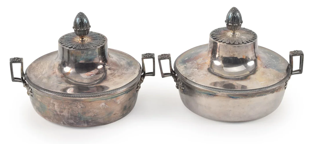 Pair of fine French Classical silver covered vegetables. The lids