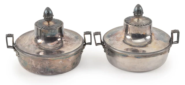 Pair of fine French Classical silver covered vegetables. The lids