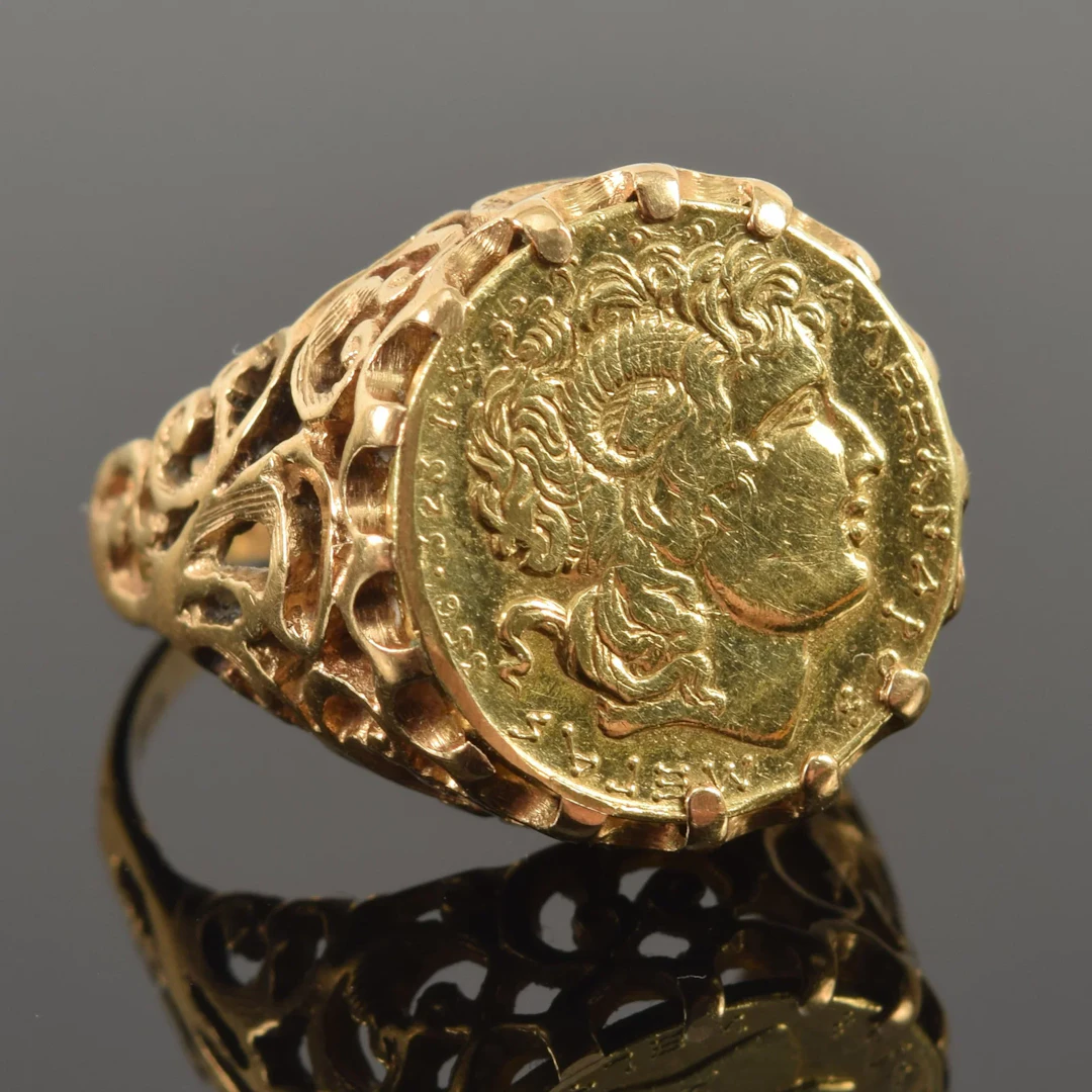 Ancient Greek style gold coin mounted antique ring. 22K gold coin