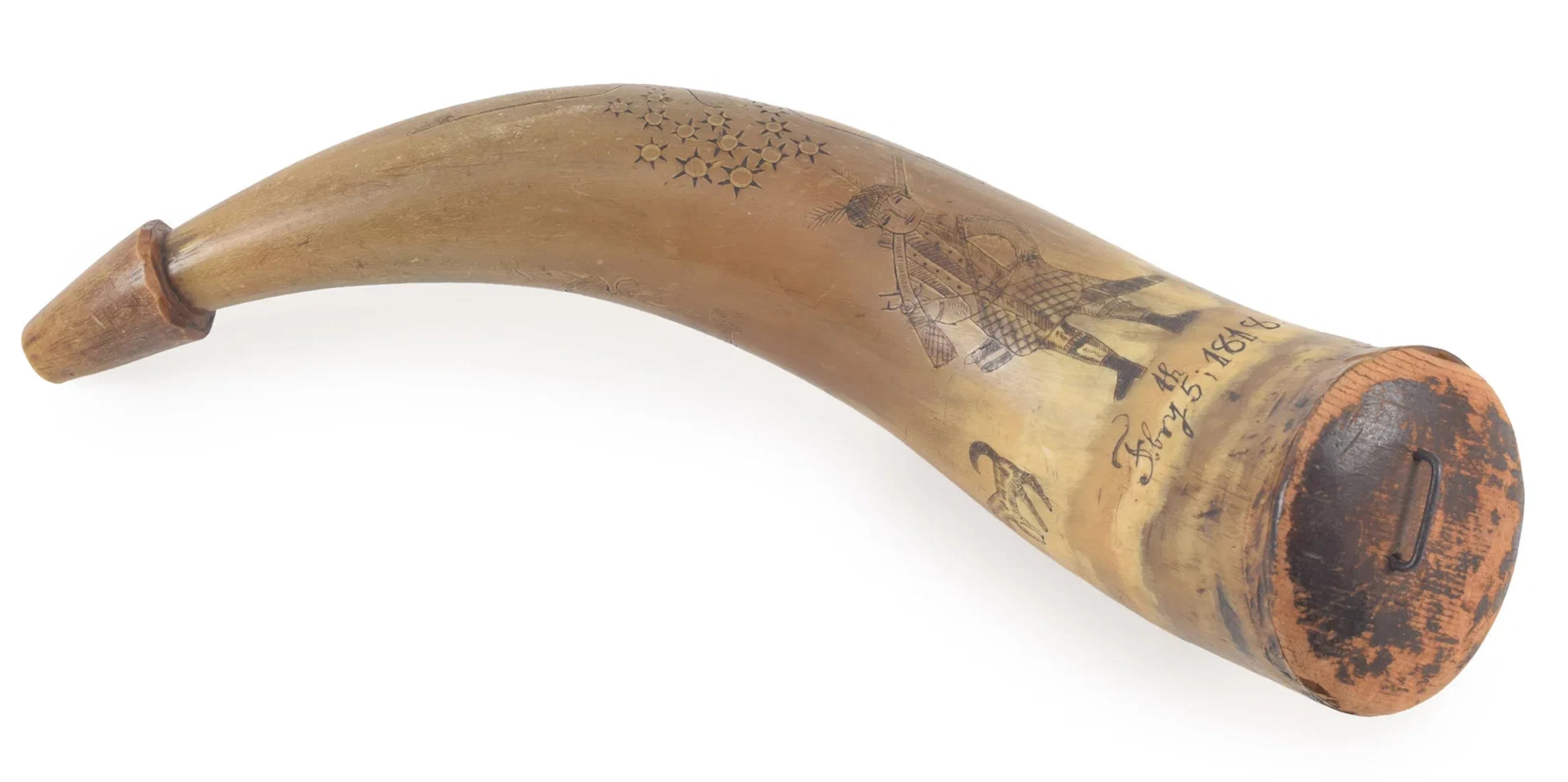 19th Century powder horn highly incised with date "Fbry 5th 1818"