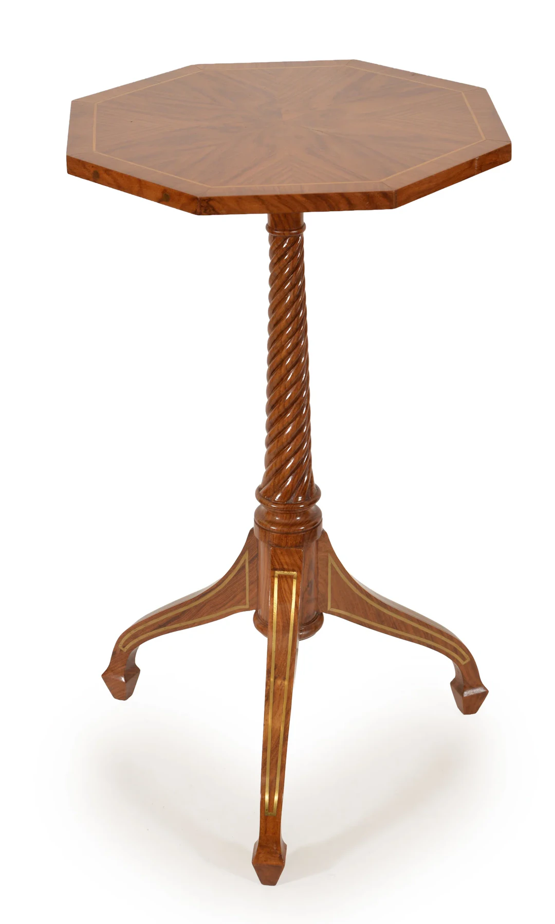 Pair of Regency fruitwood and brass inlaid candlestands with octagonal