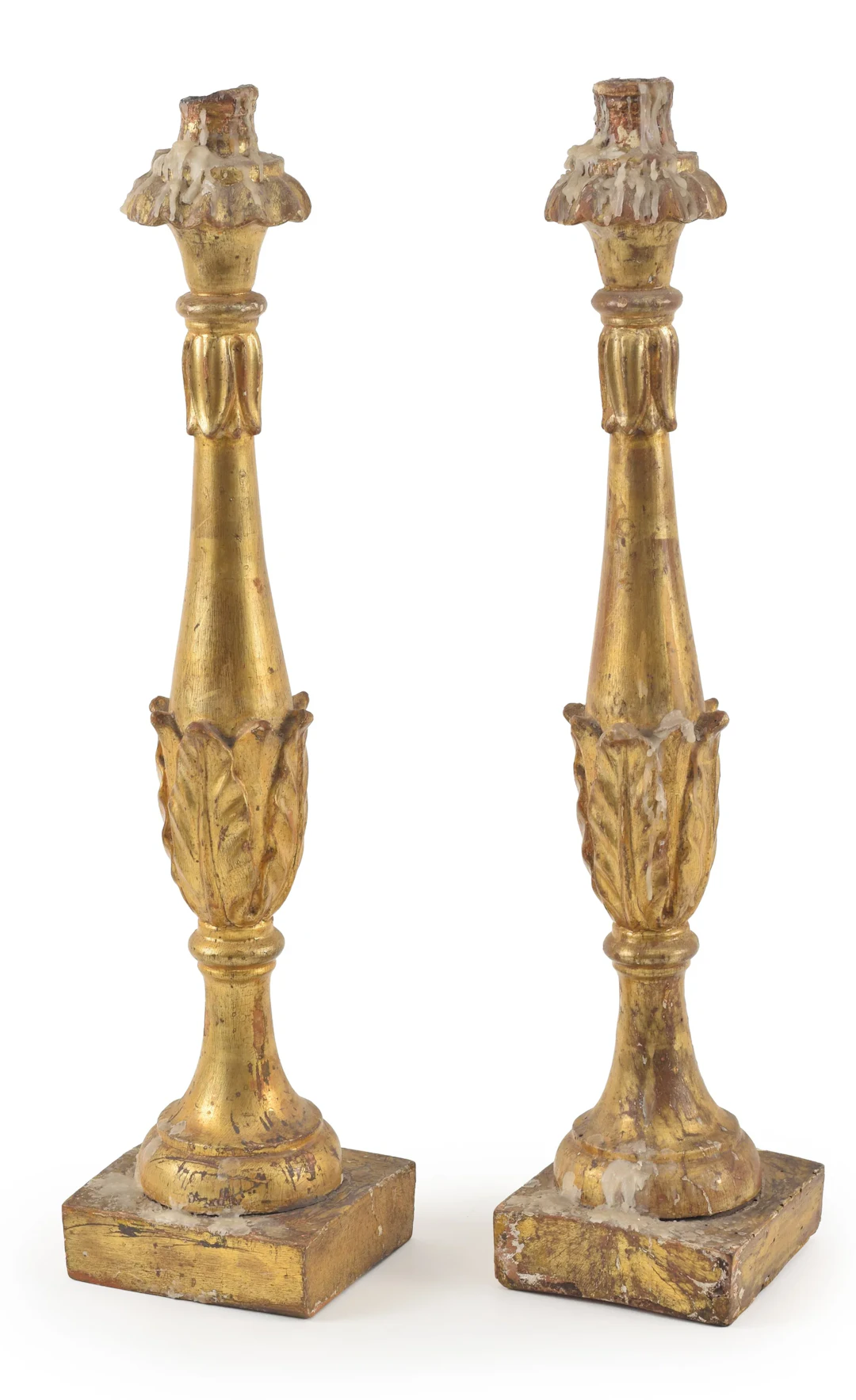 Antique Baroque style giltwood candlesticks. Acanthus leaf decoration.