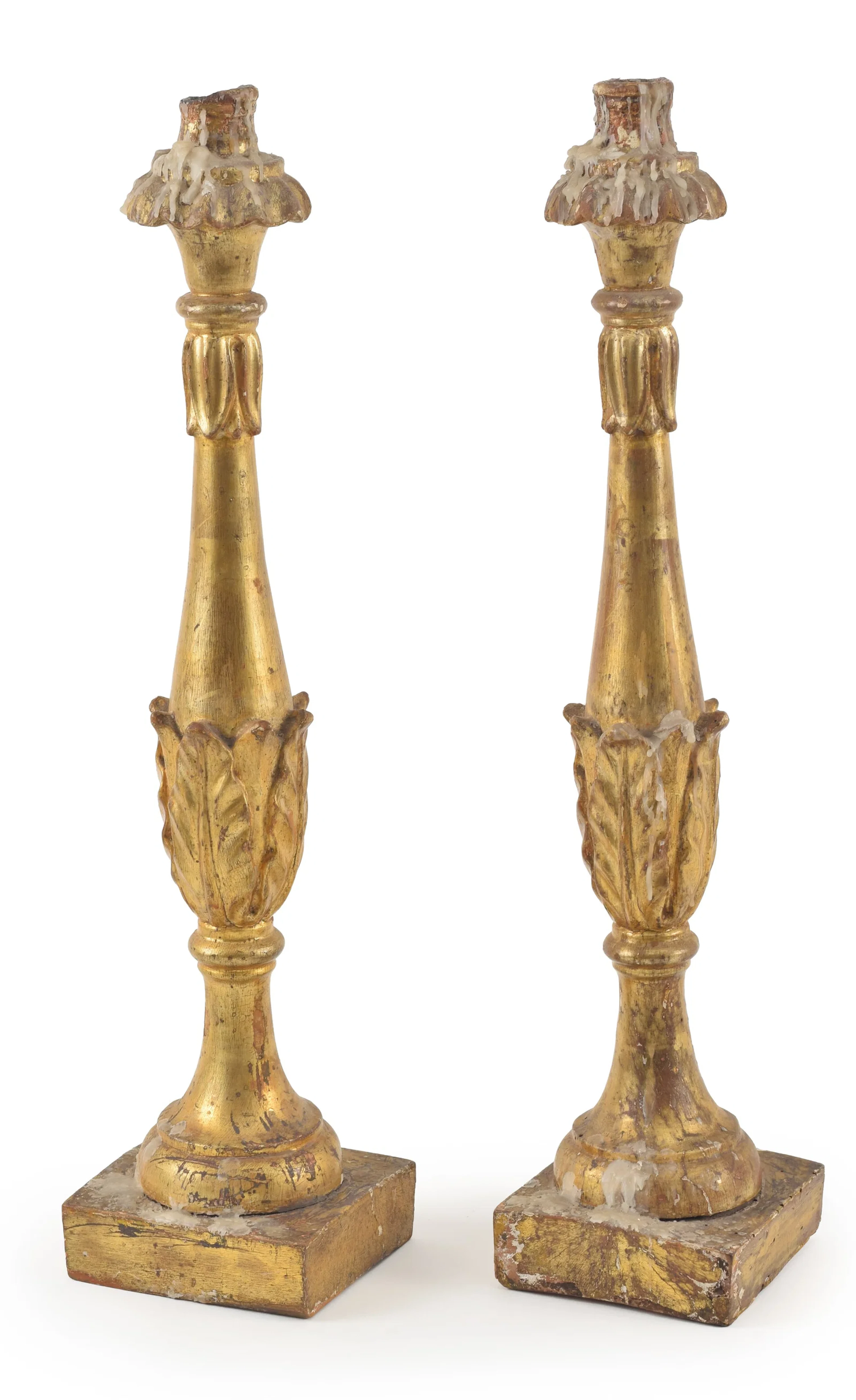 Antique Baroque style giltwood candlesticks. Acanthus leaf decoration.
