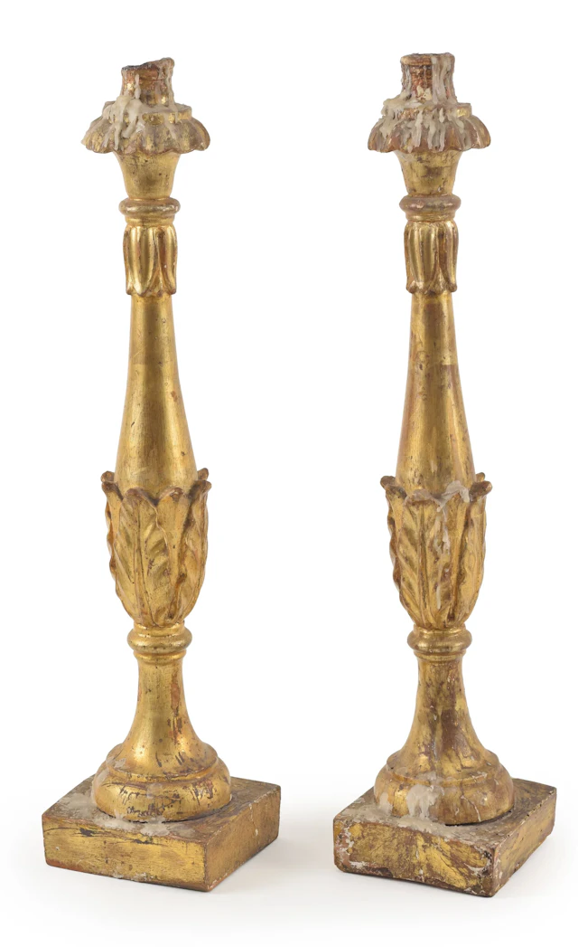 Antique Baroque style giltwood candlesticks. Acanthus leaf decoration.