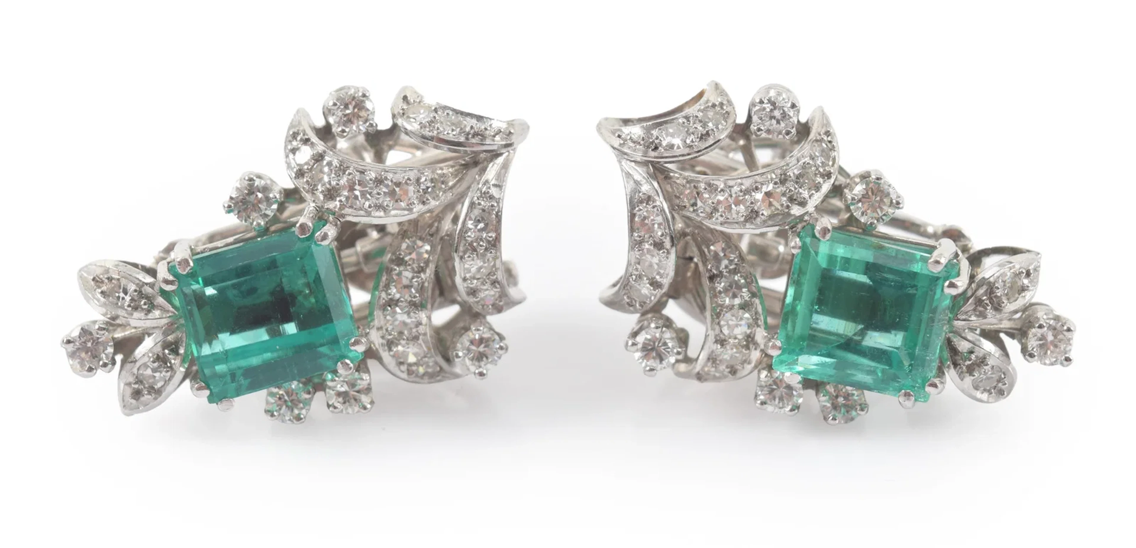 Colombian emerald and diamond mounted platinum convertible pin-earrings