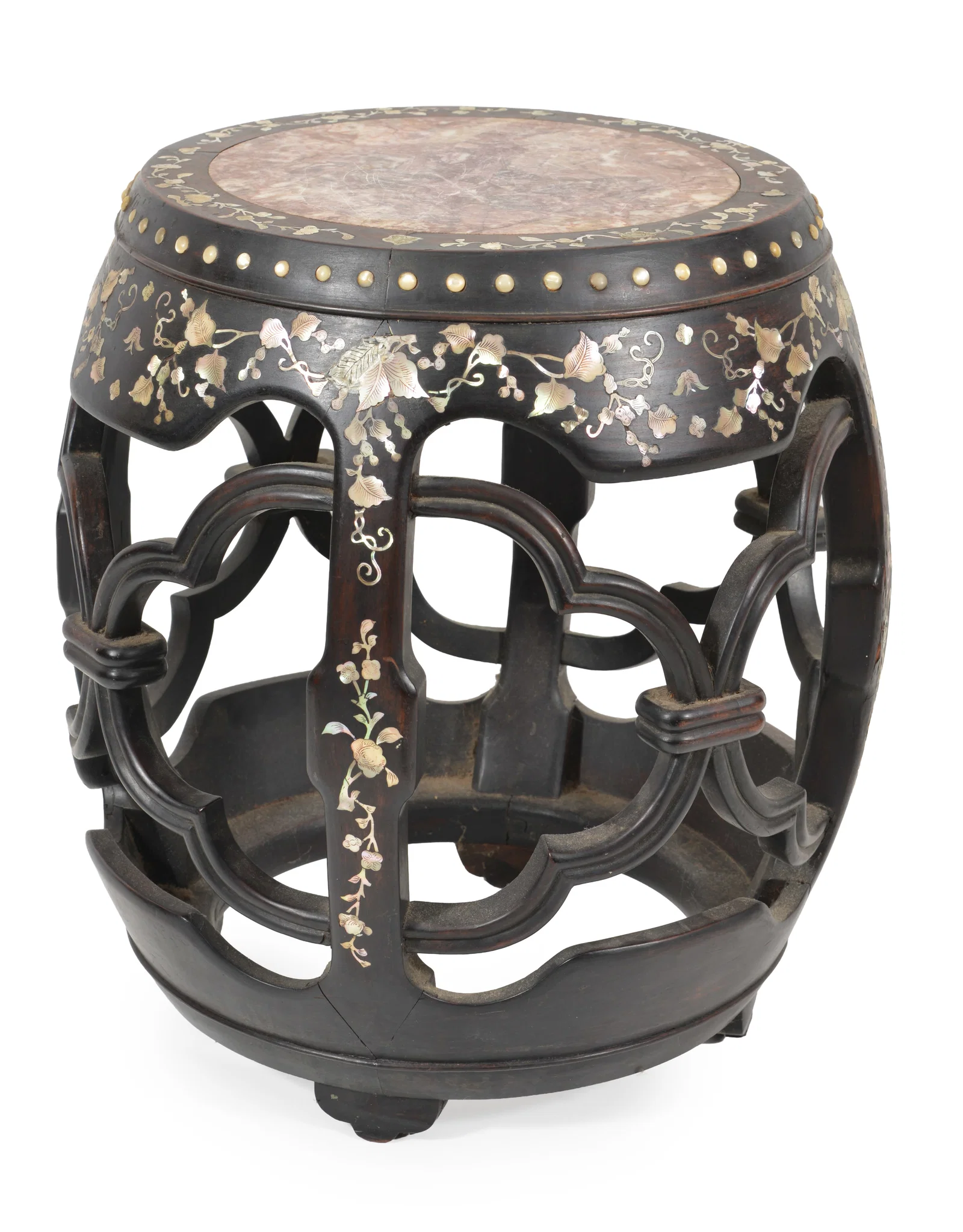Reticulated hardwood barrel seat. China. Pink marble inset top. Mother