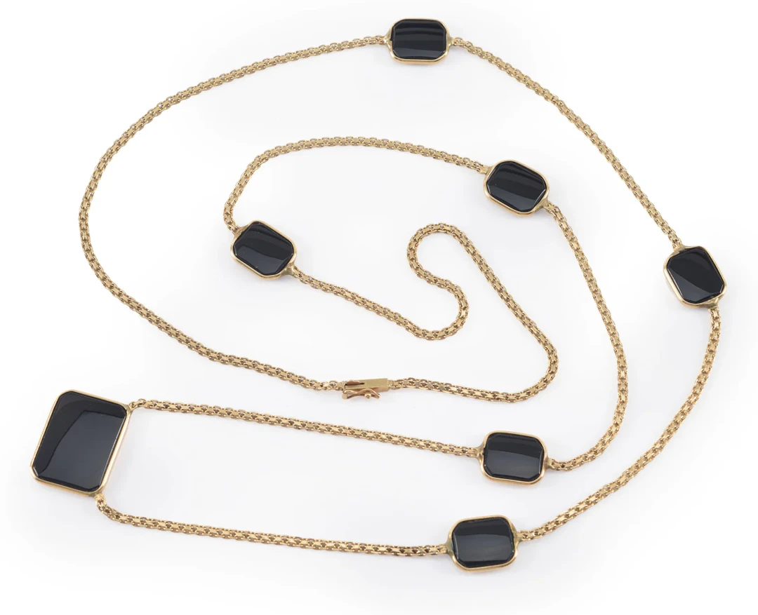 14K gold long onyx chain necklace. Clasp marked 14K. Chain length: