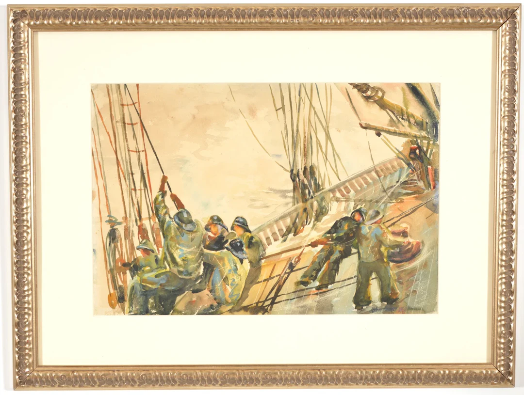 John Whorf, 1903-1959. Sailors in high seas. Watercolor on paper.