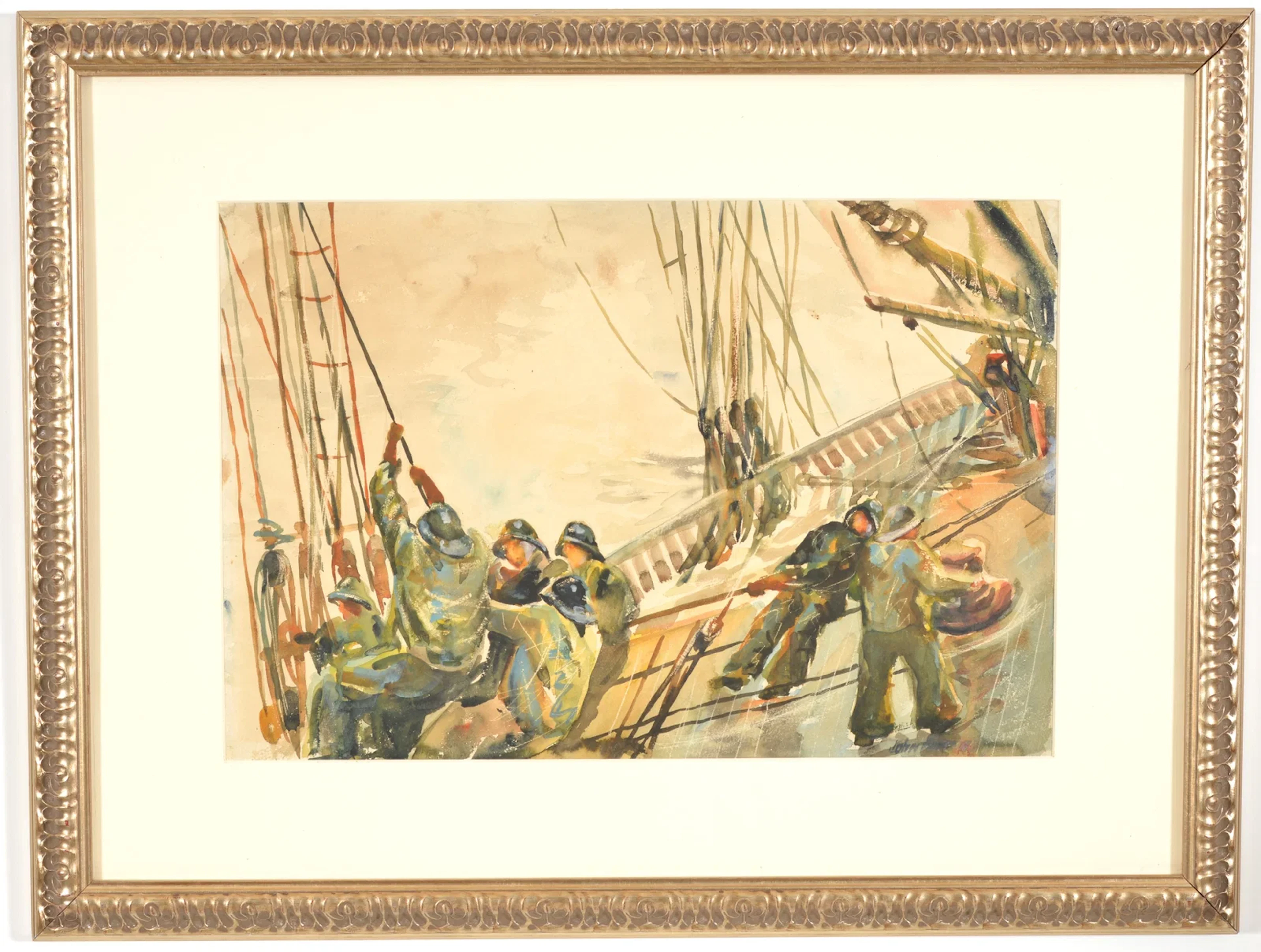 John Whorf, 1903-1959. Sailors in high seas. Watercolor on paper.