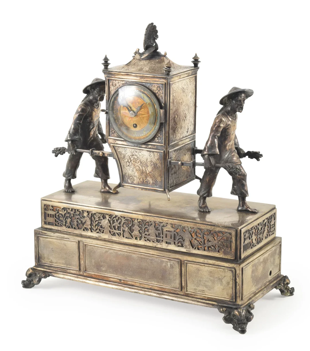 Plated silver figural shelf clock with music box in the form of two