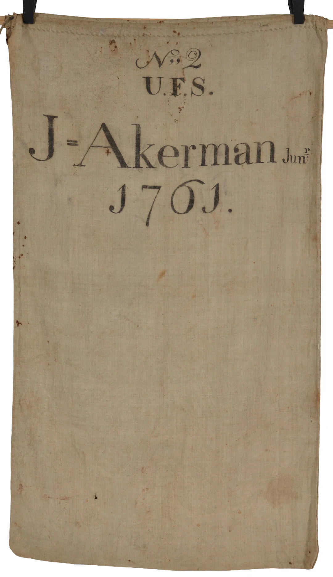 18th Century valuables fire-bag with freehand lettering "No 2 U.F.S.