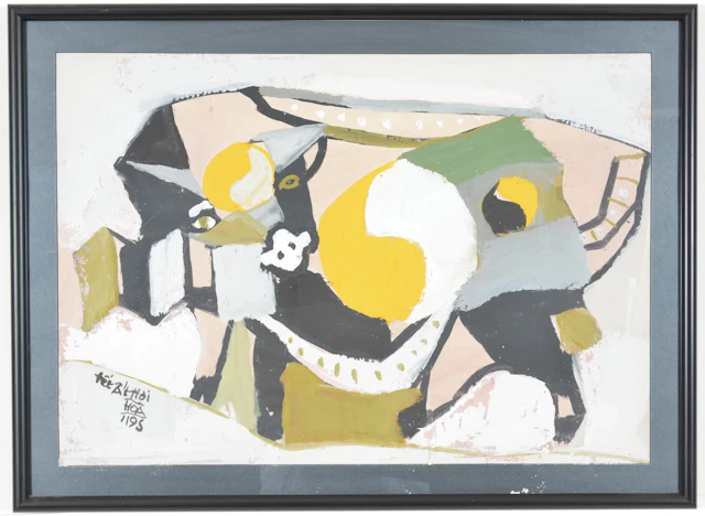 Dang Xuan Hoa. Vietnam. Large framed gouache on paper of an abstract