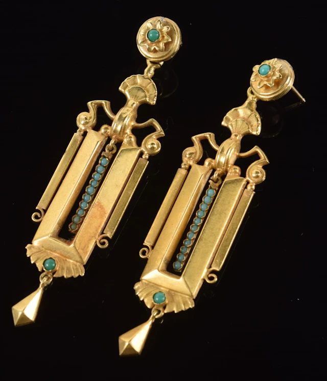 Victorian 18K gold Etruscan Revival turquoise mounted earrings. Unmarked