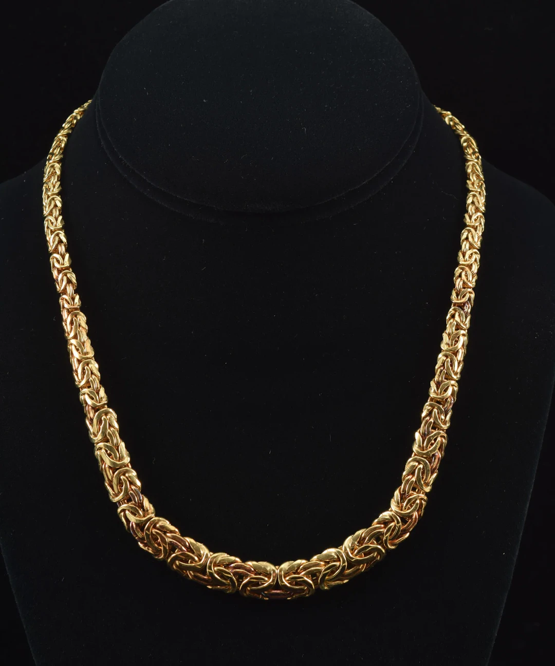 14K gold Byzantine link necklace. Tapered design with domed exterior