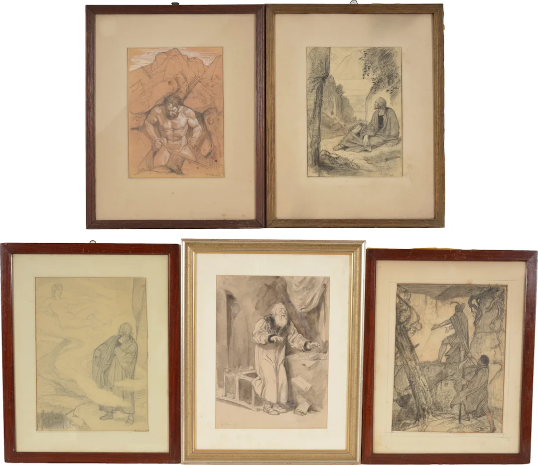 Arthur Kampf. German. 5 religious illustrative works. Mixed media