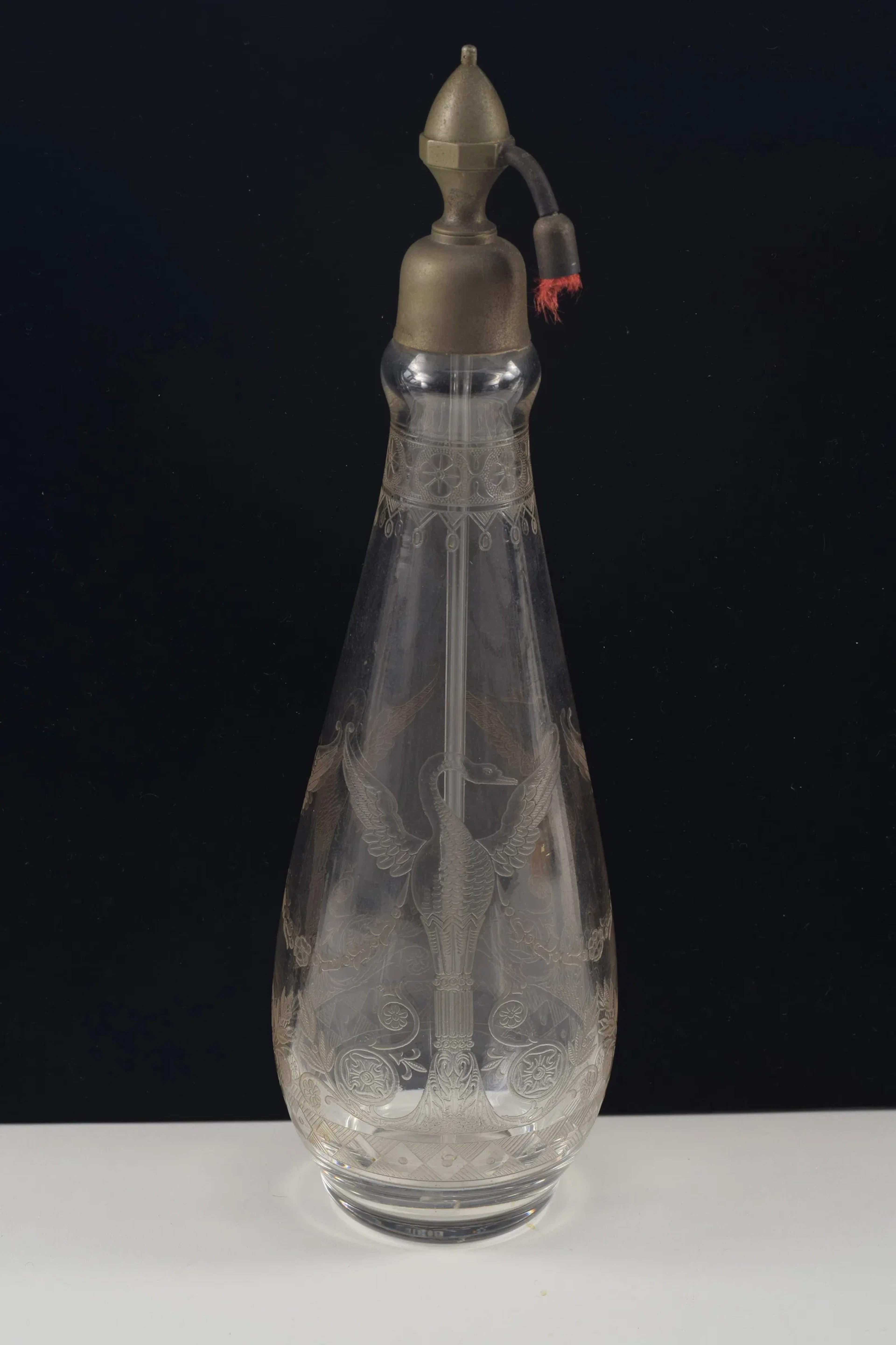 Early Baccarat etched scent bottle with classical swan motif. Etched