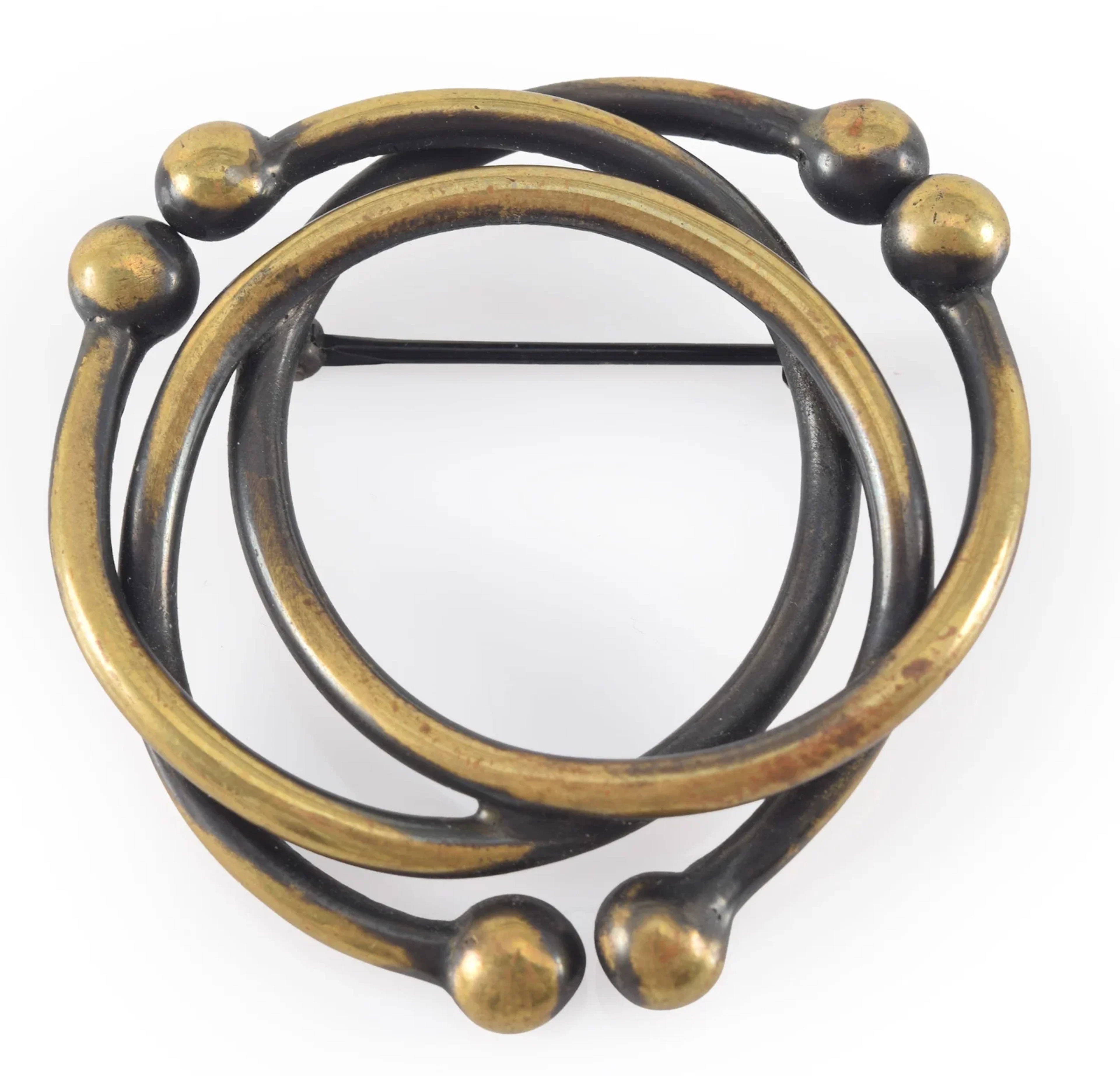 Art Smith modernist bronze pin. Interlocked triple ring design. Patina