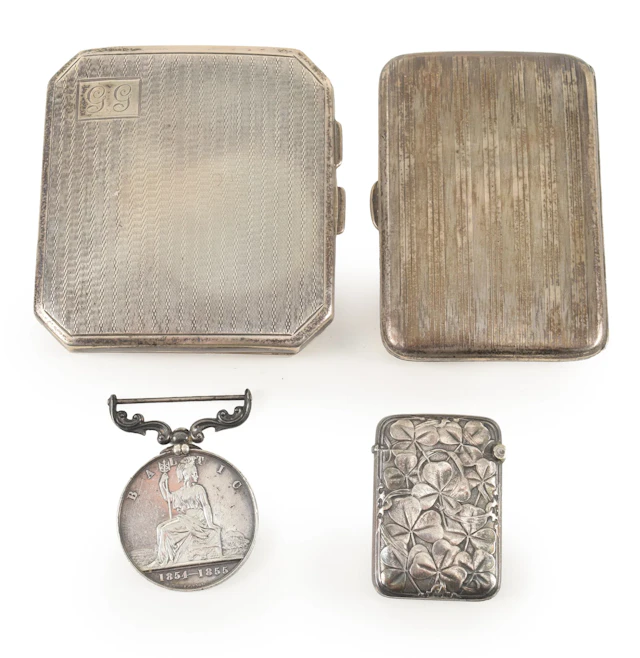 4 antique silver items. To include: 1) Asprey gilt interior sterling