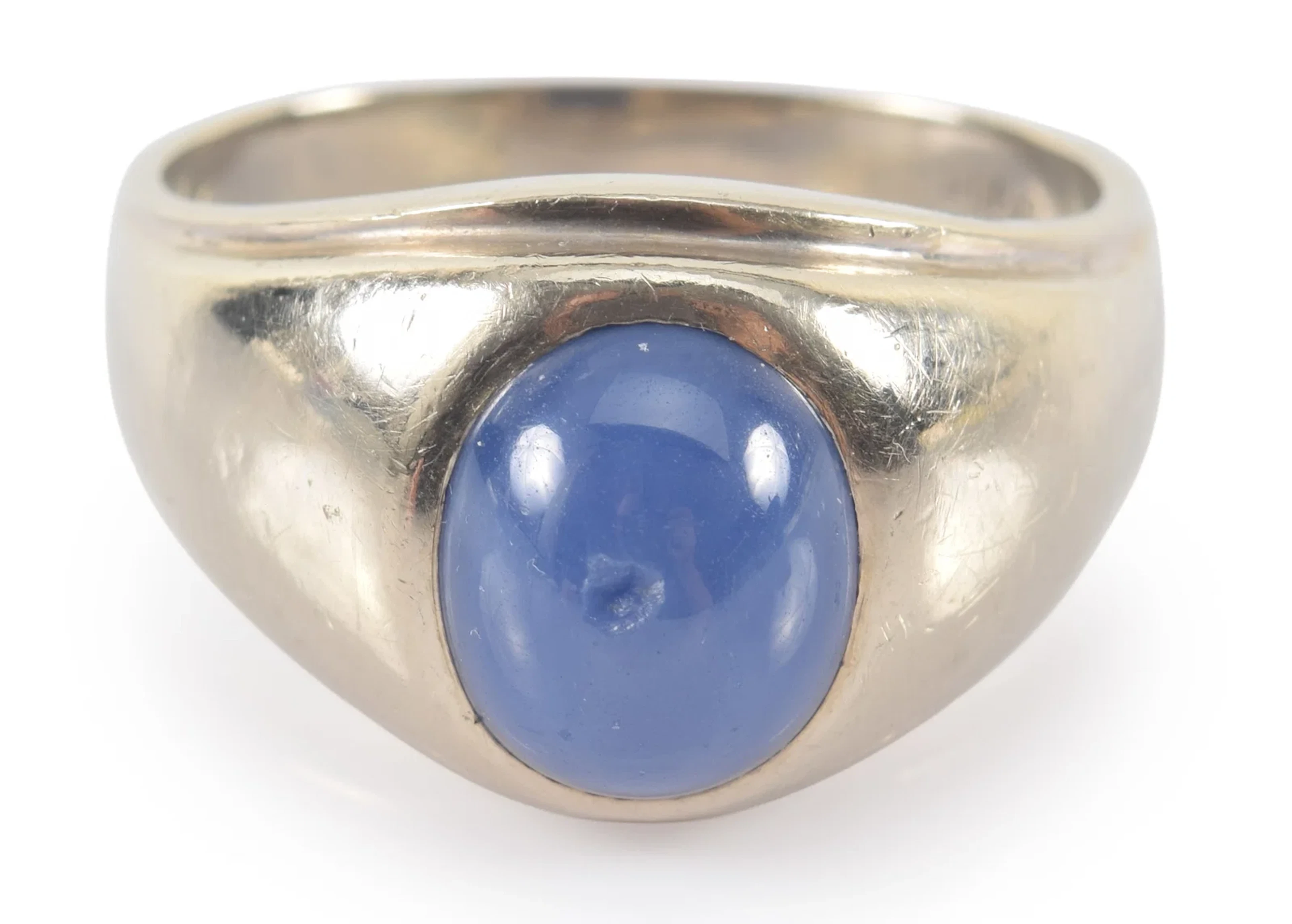 14K white gold blue star sapphire men's ring. Domed cabochon sapphire