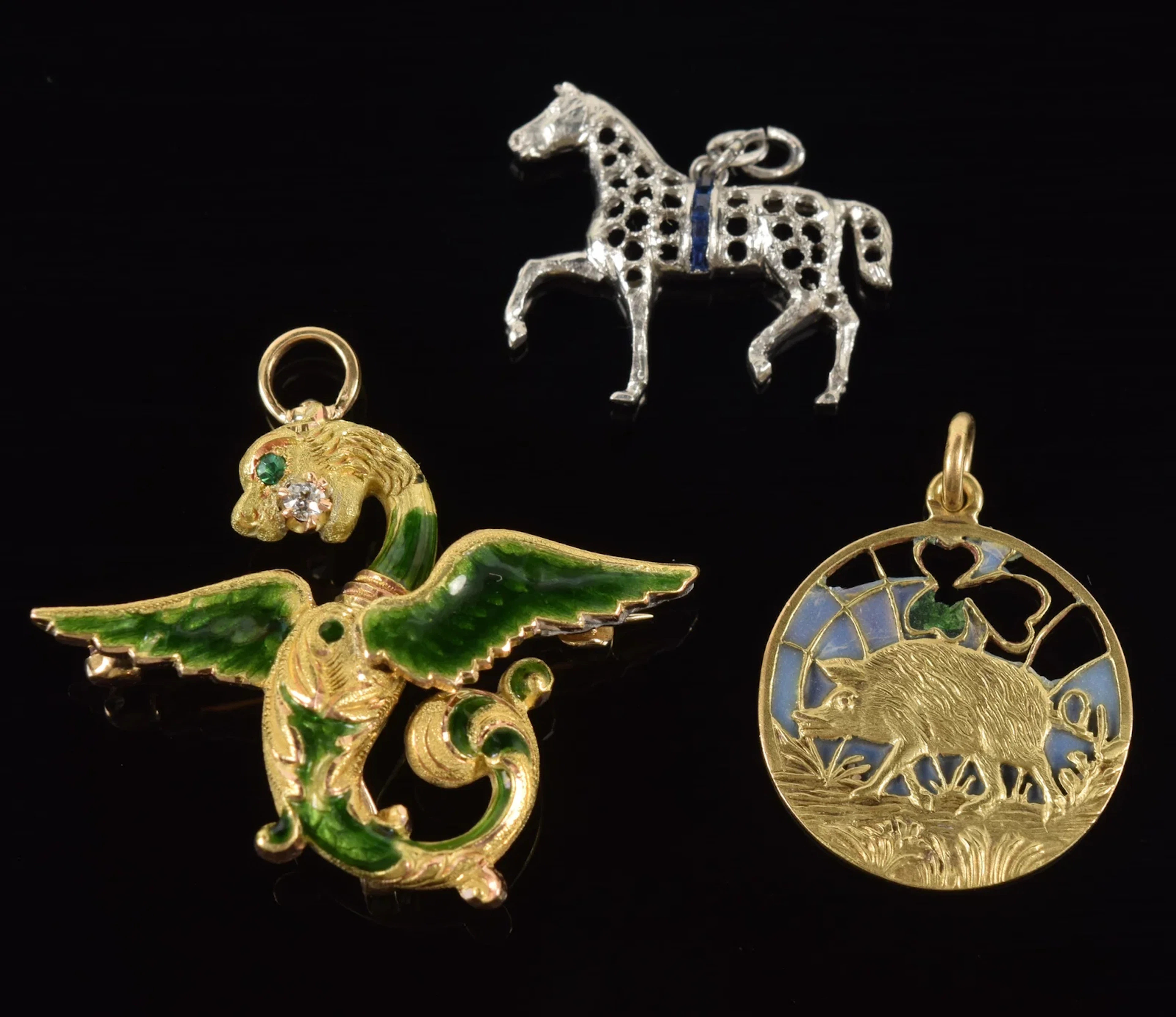3 vintage gold jewelry pieces, to include: 1) 14K gold enamel and