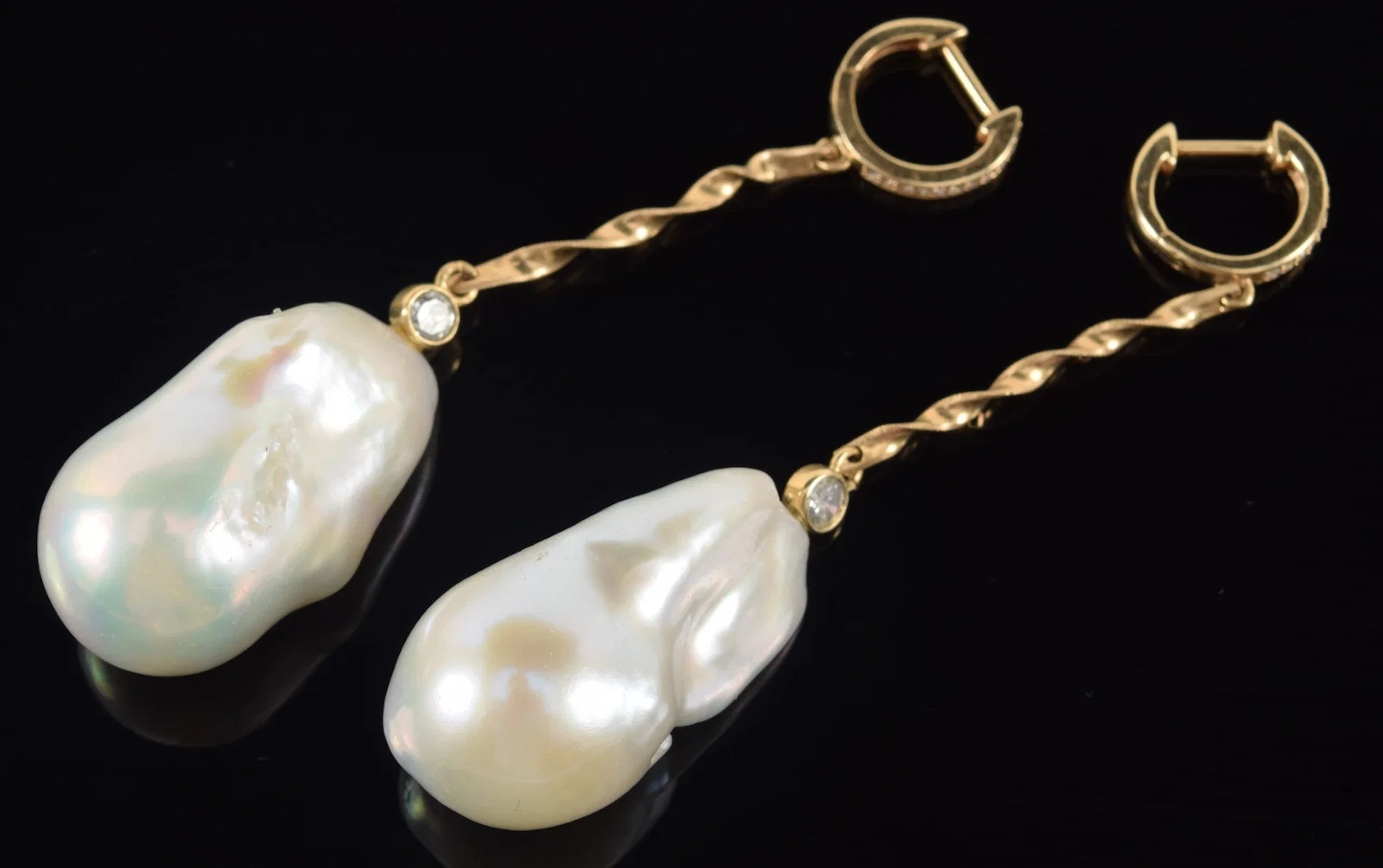Large 14K gold diamond and baroque pearl earrings. Diamond mounted