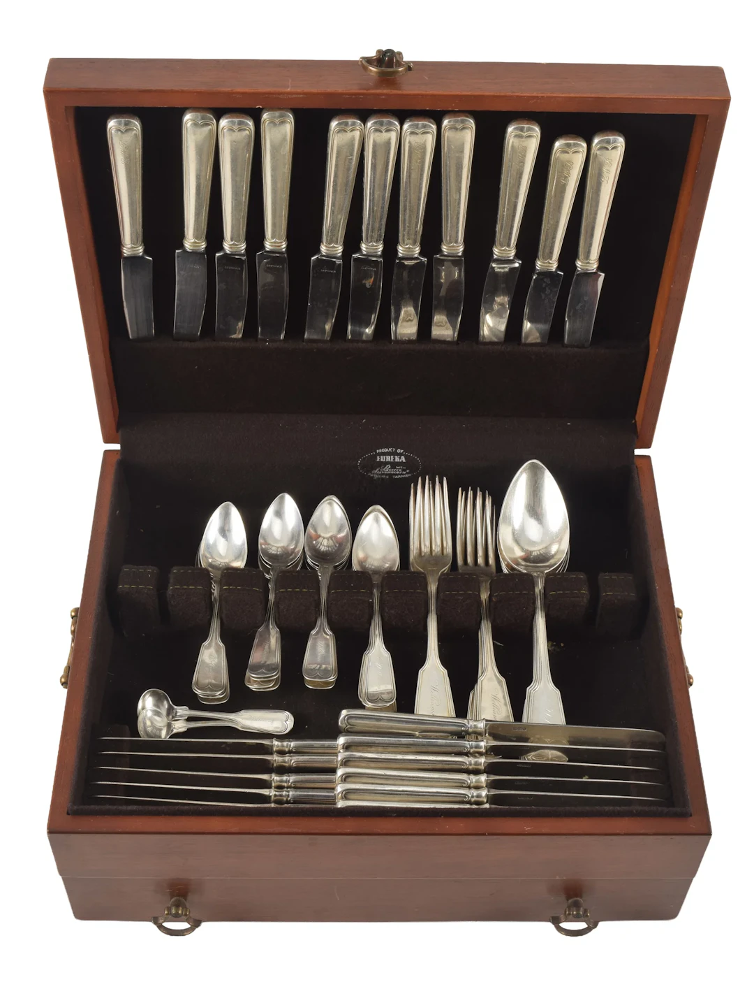 Partial coin silver flatware service with fiddle and thread pattern.