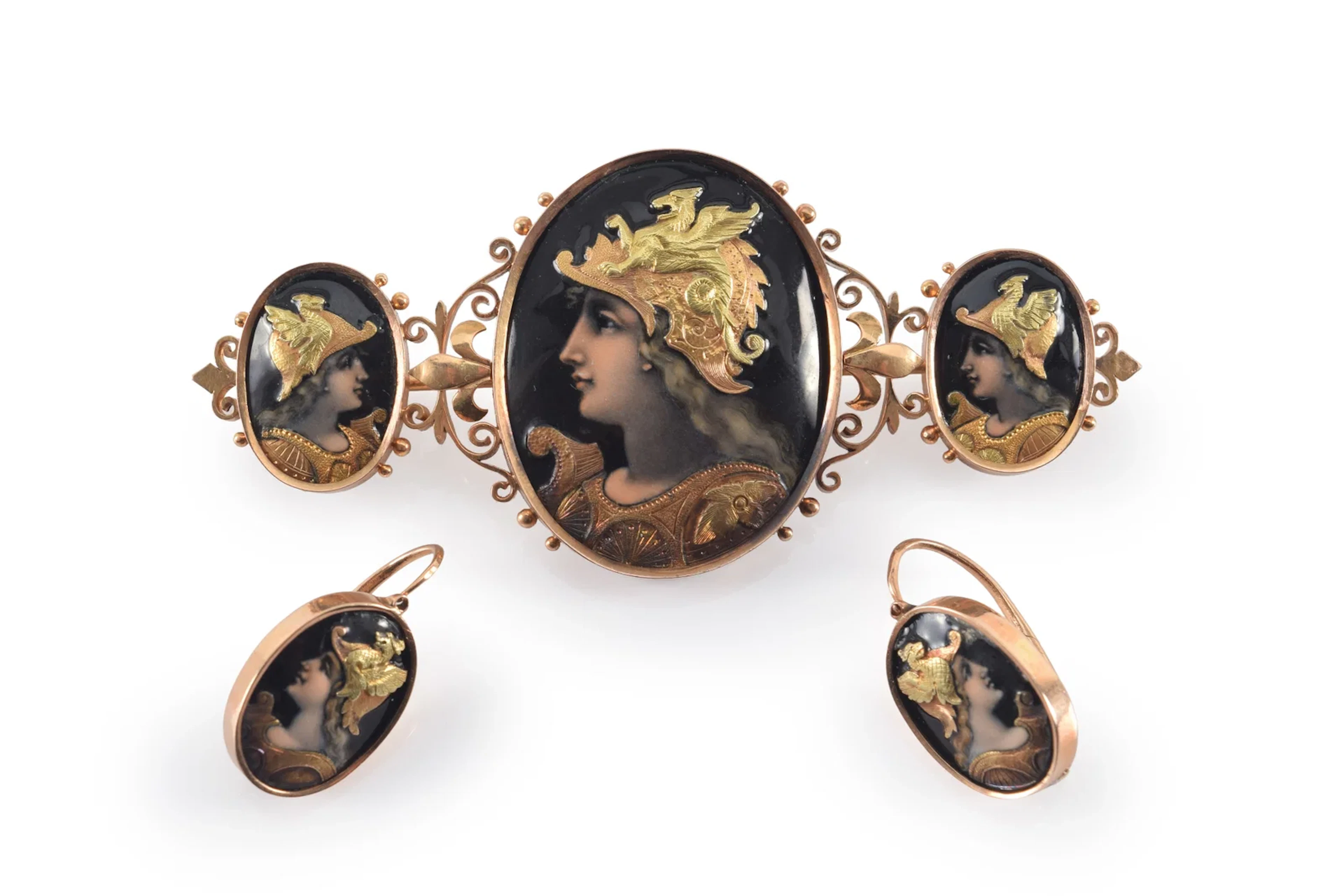 Antique fine quality 14K gold enameled pin and earring set. Enameled