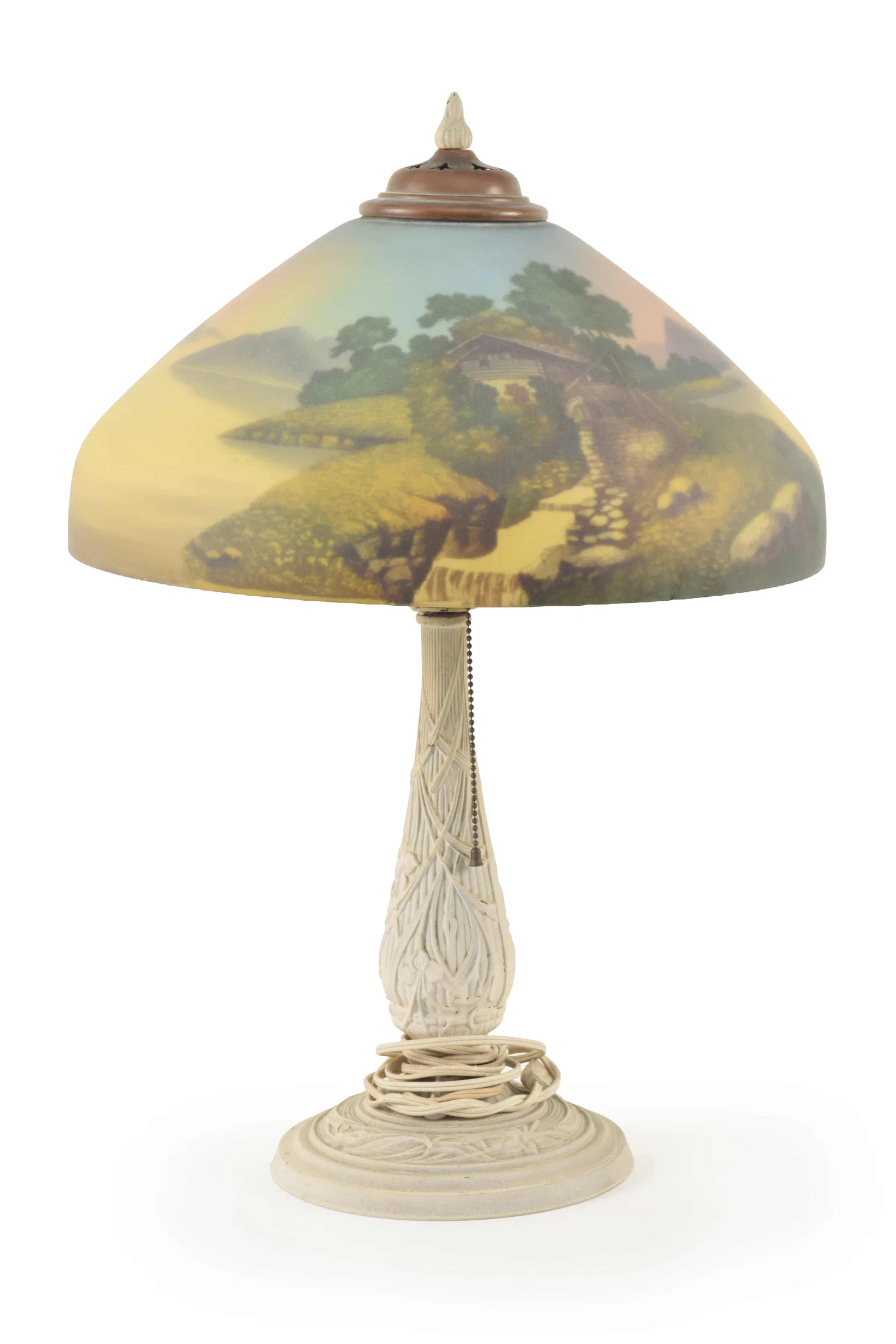 Reverse painted glass shade table lamp, early 20th century. Cottage