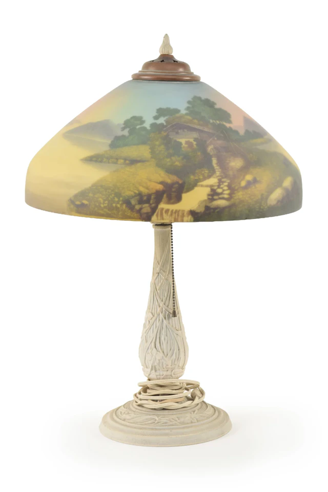 Reverse painted glass shade table lamp, early 20th century. Cottage