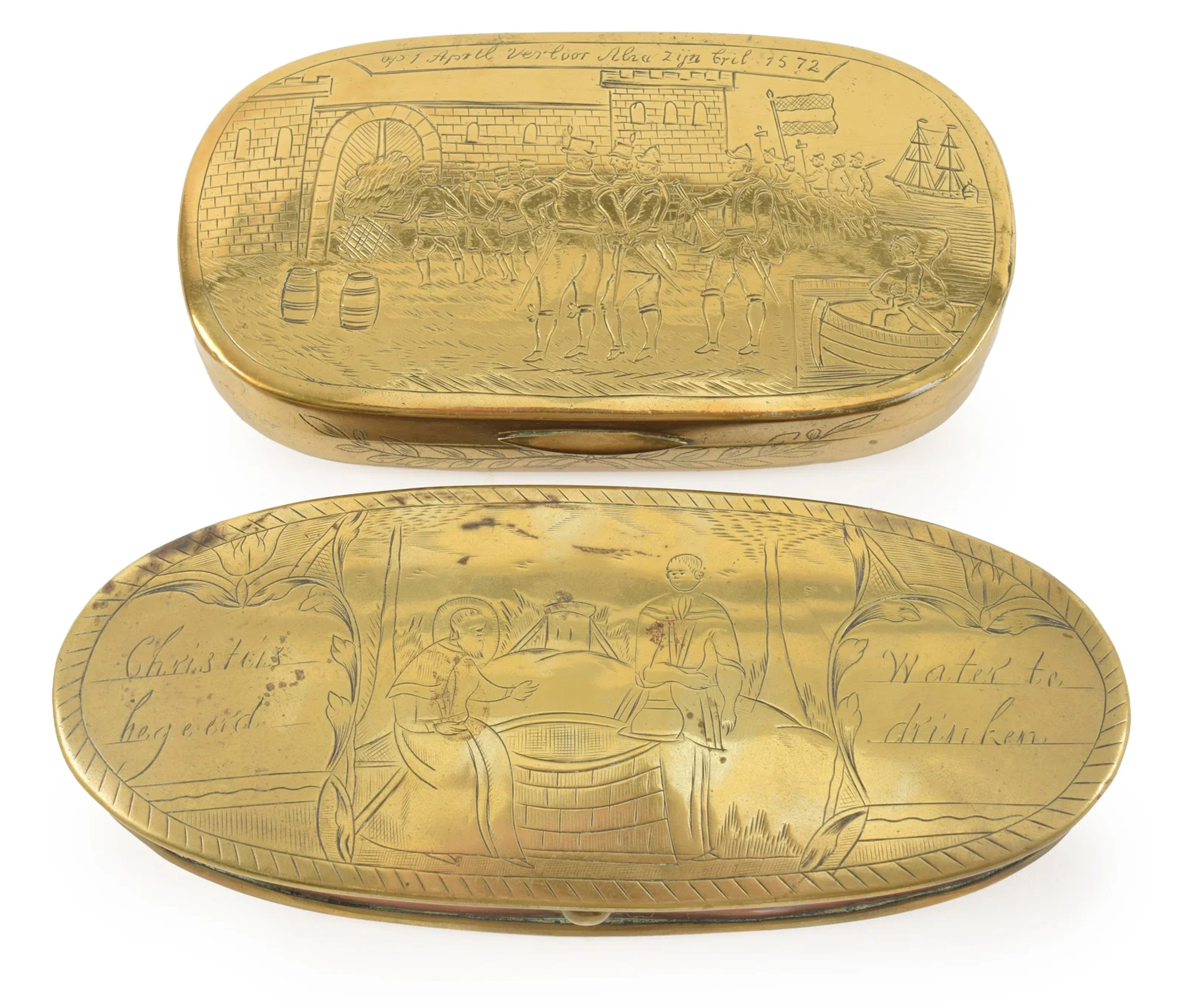 2 Continental engraved oval brass tobacco boxes. One depicting the