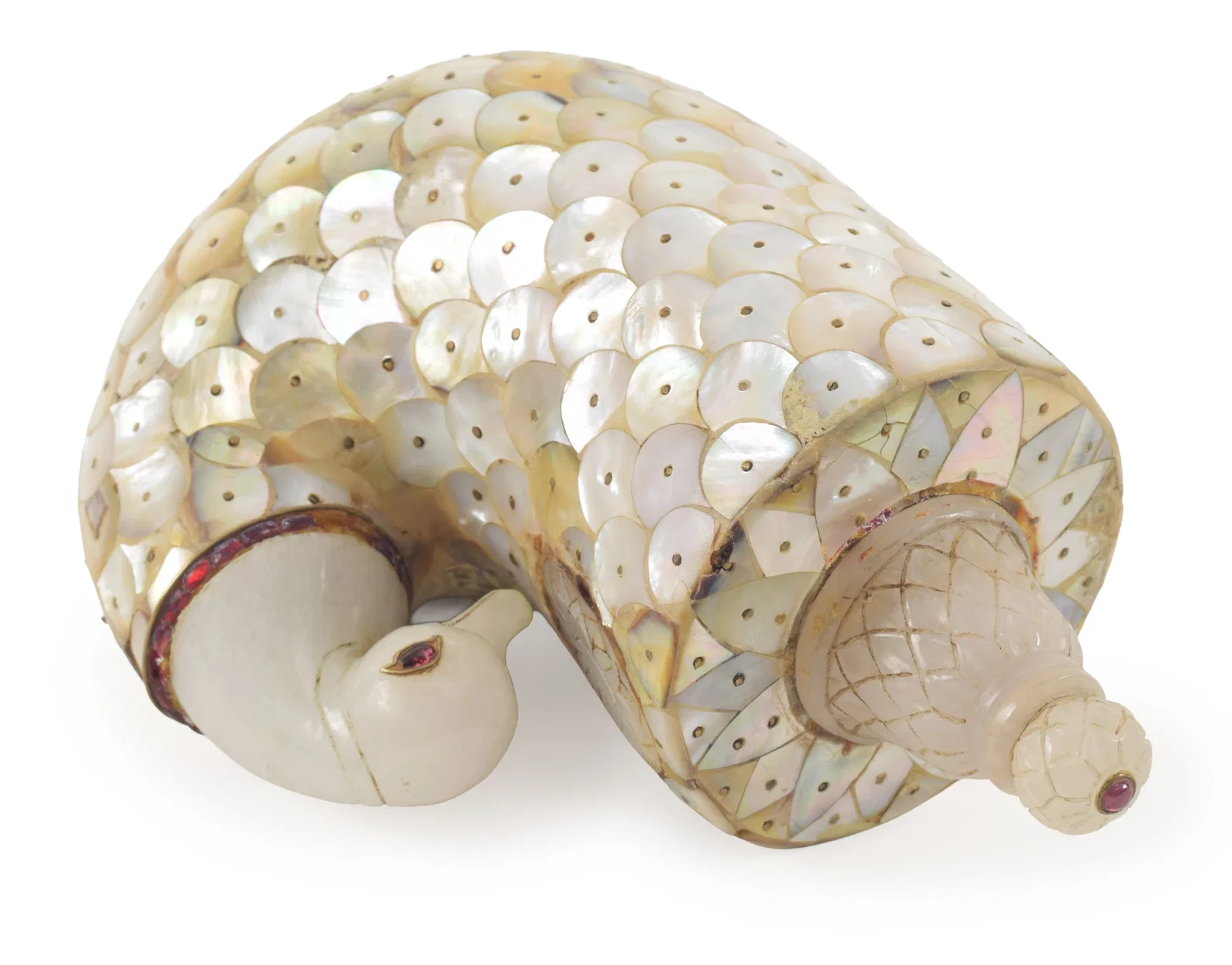 Rare Indian Mother of Pearl Powder Flask with Duck Head Finial, Gujarat